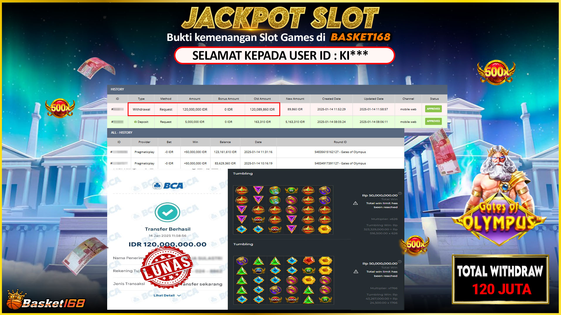 BASKET168 JACKPOT SLOT GATES OF OLYMPUS Rp.120.000.000,- LUNAS