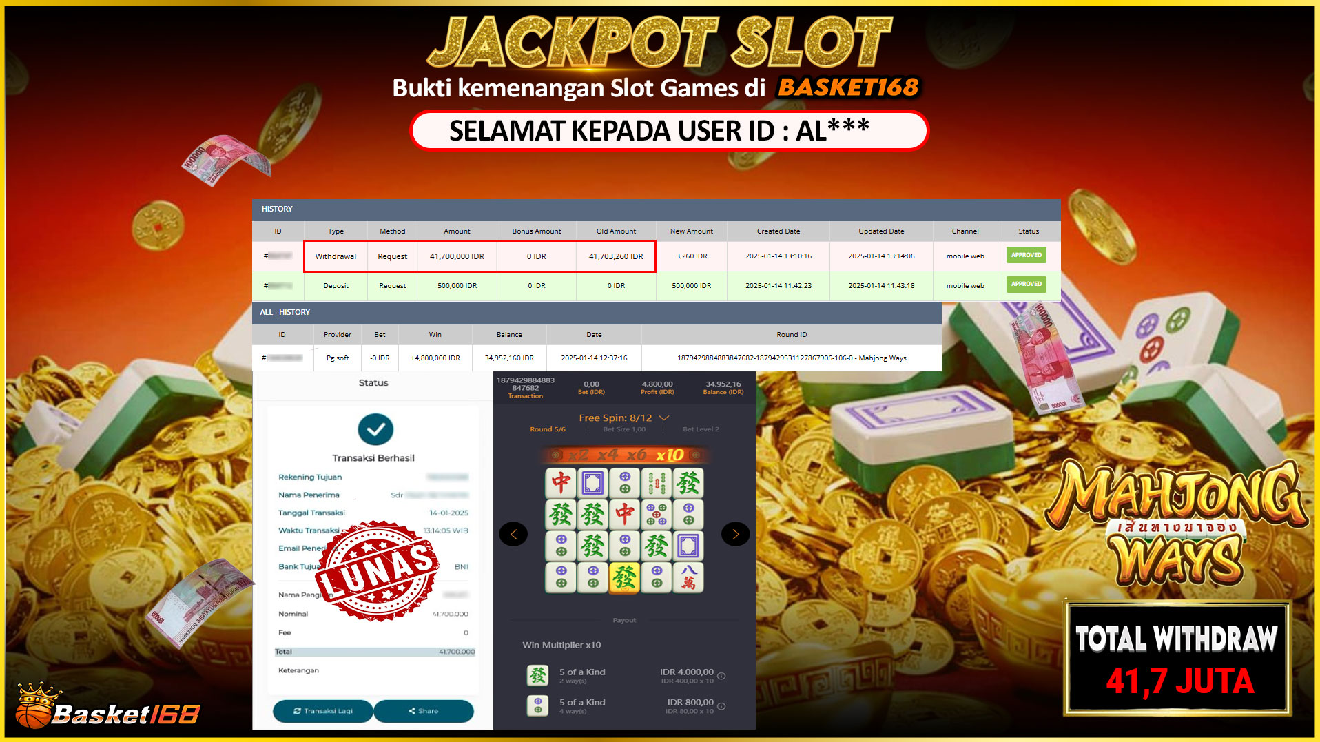 BASKET168 JACKPOT SLOT MAHJONG WAYS Rp.41.700.000,- LUNAS
