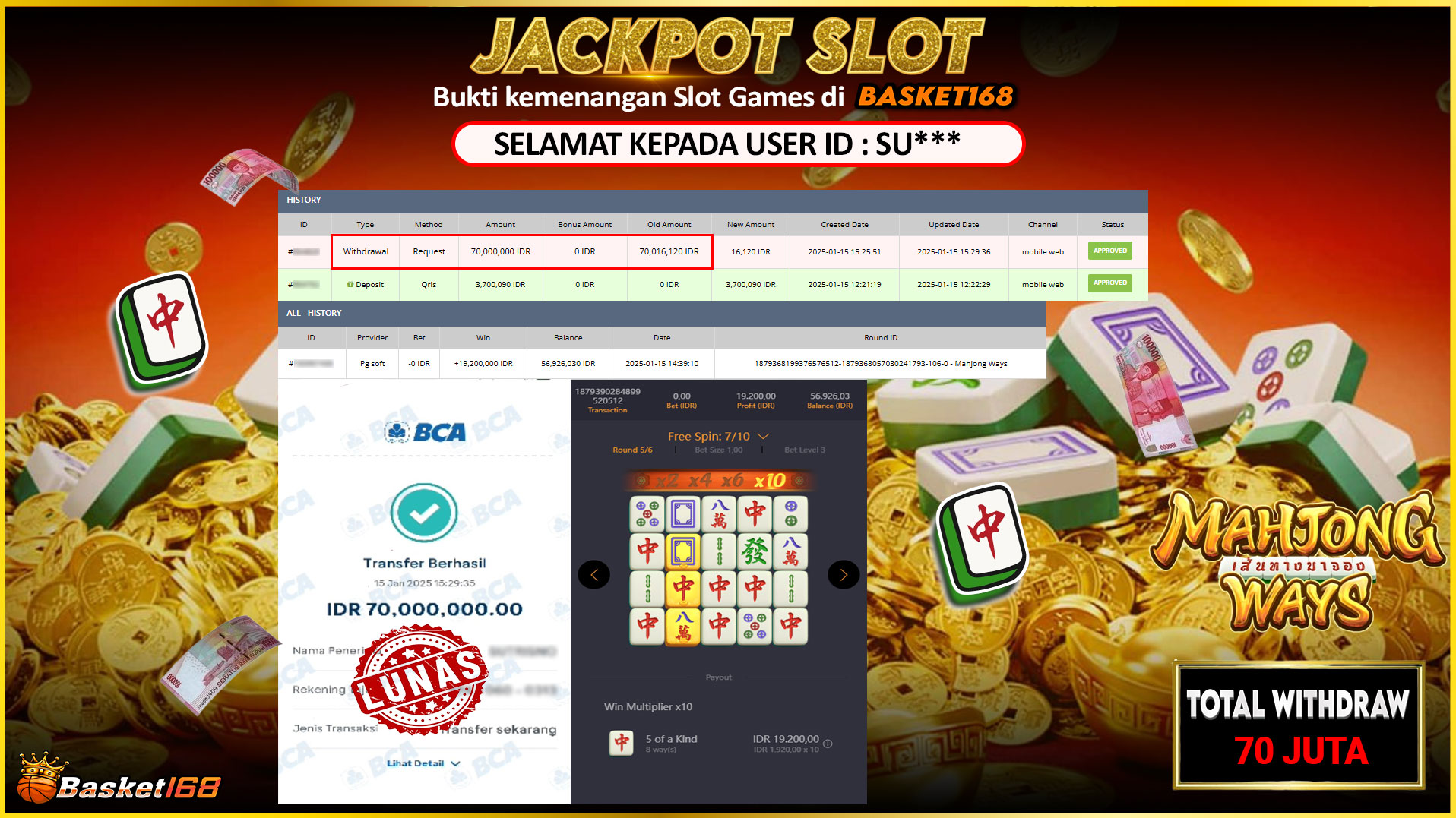 BASKET168 JACKPOT SLOT MAHJONG WAYS Rp.70.000.000,- LUNAS