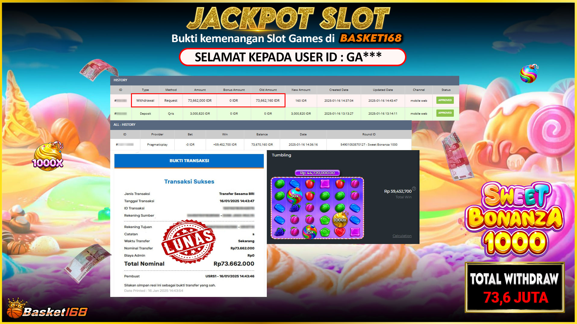 BASKET168 JACKPOT SLOT SWEET BONANZA 1000 Rp.73.600.000,- LUNAS