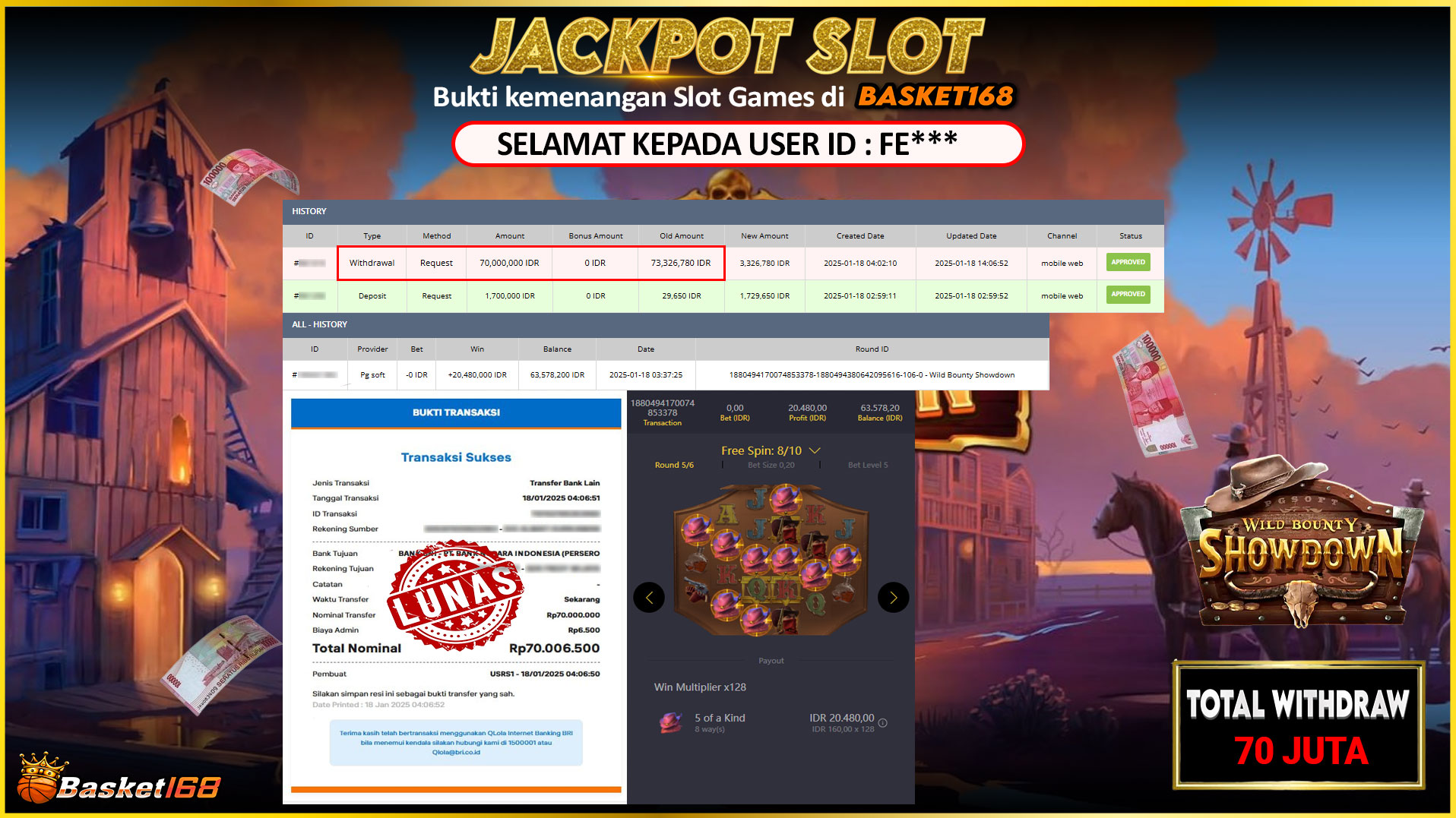 BASKET168 JACKPOT SLOT WILD BOUNTY SHOWDOWN Rp.70.000.000,- LUNAS