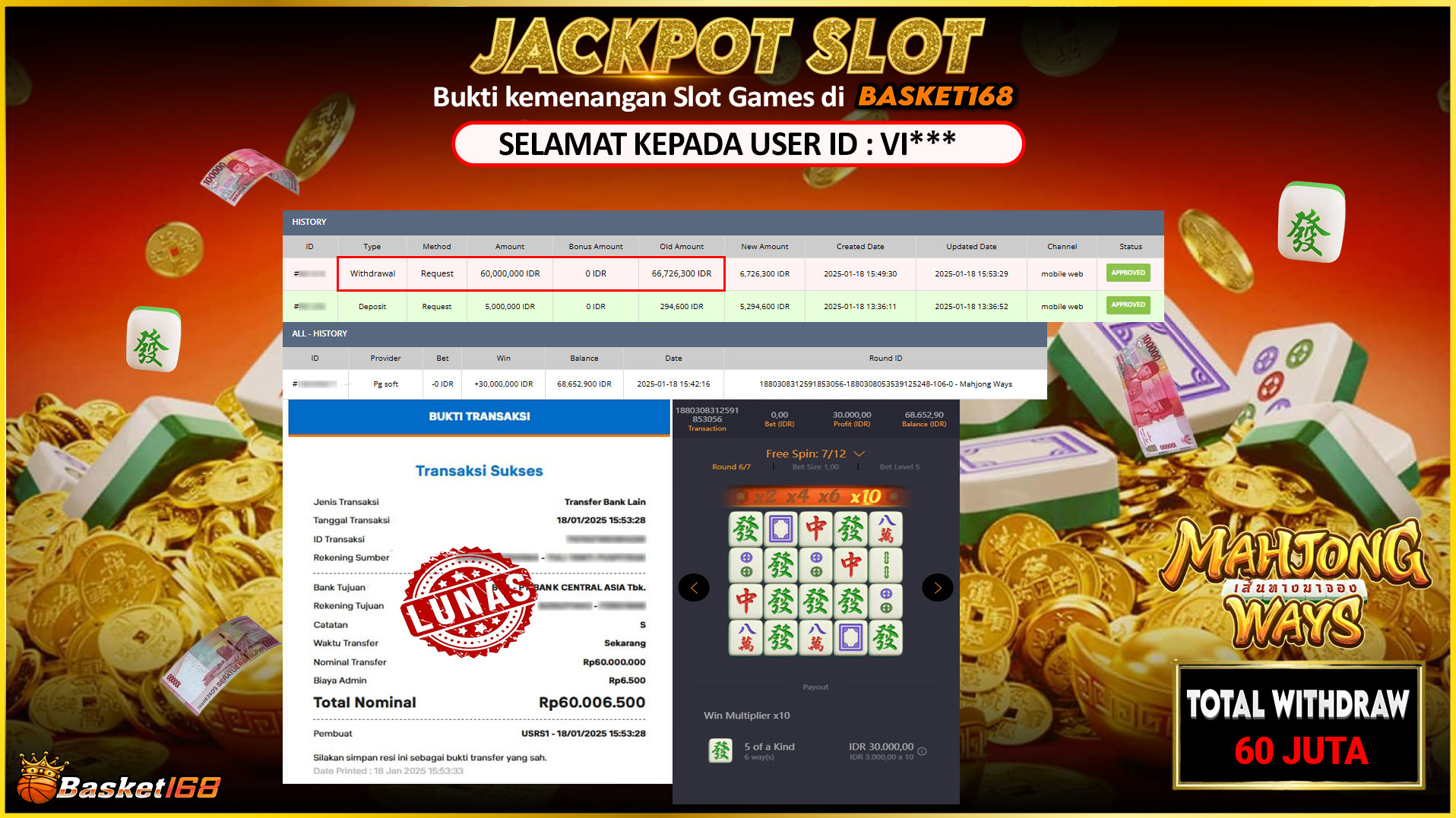 BASKET168 JACKPOT SLOT MAHJONG WAYS Rp.60.000.000,- LUNAS