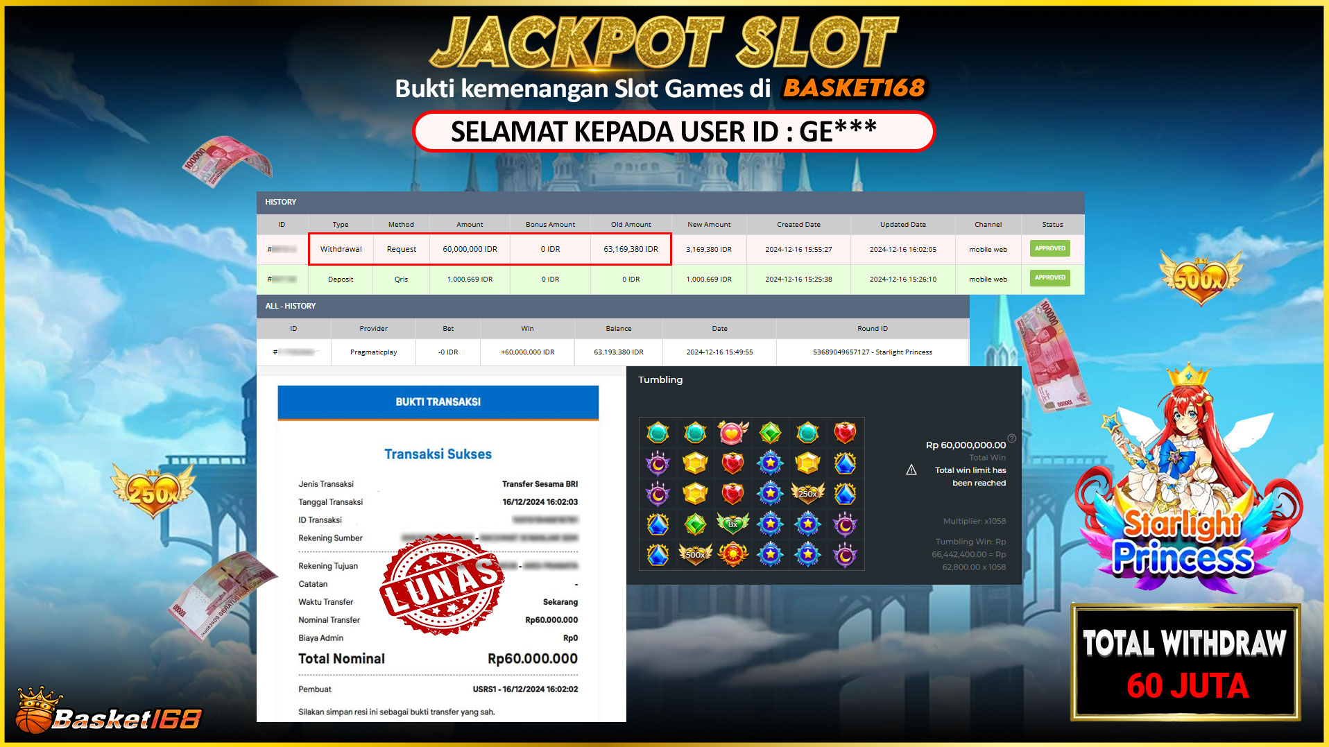 BASKET168 JACKPOT SLOT STARLIGHT PRINCESS Rp.60.000.000,- LUNAS