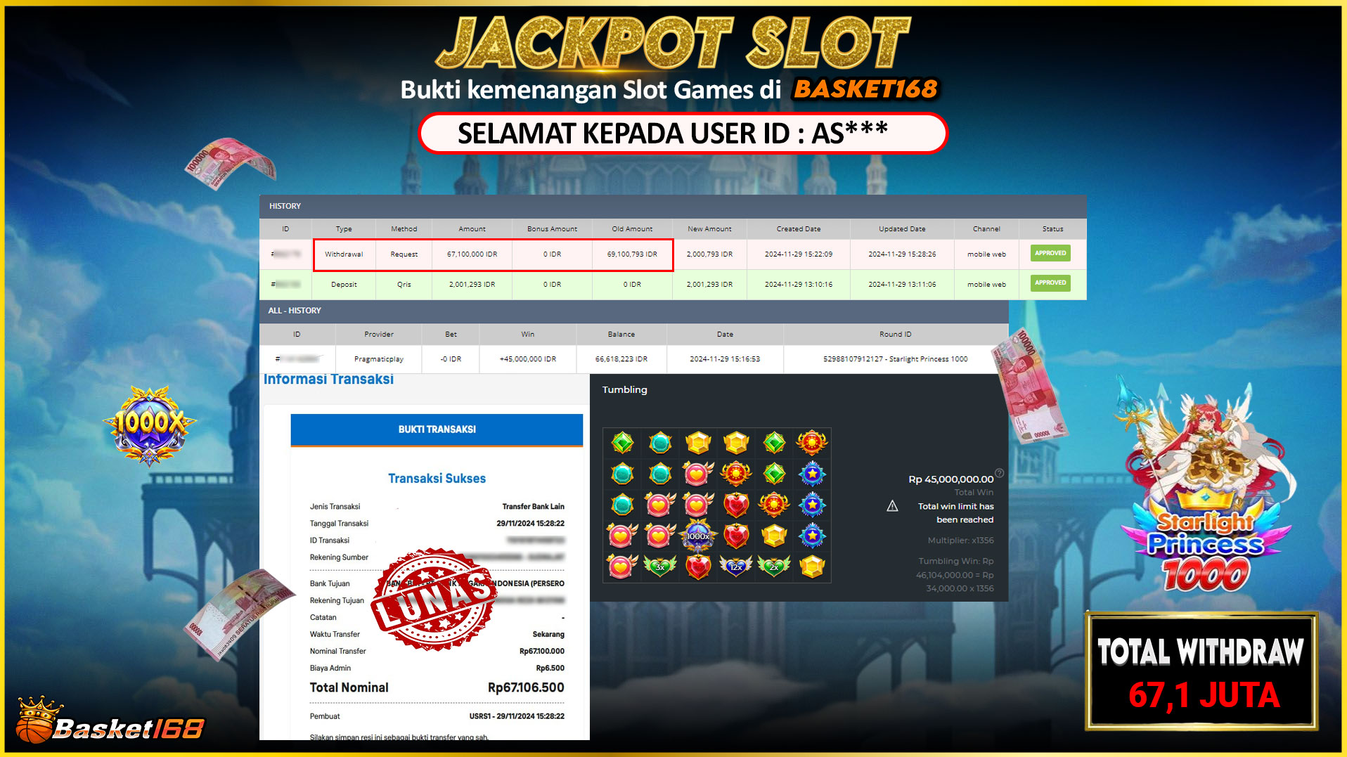BASKET168 JACKPOT SLOT STARLIGT PRINCESS 1000 Rp.67.100.000,- LUNAS