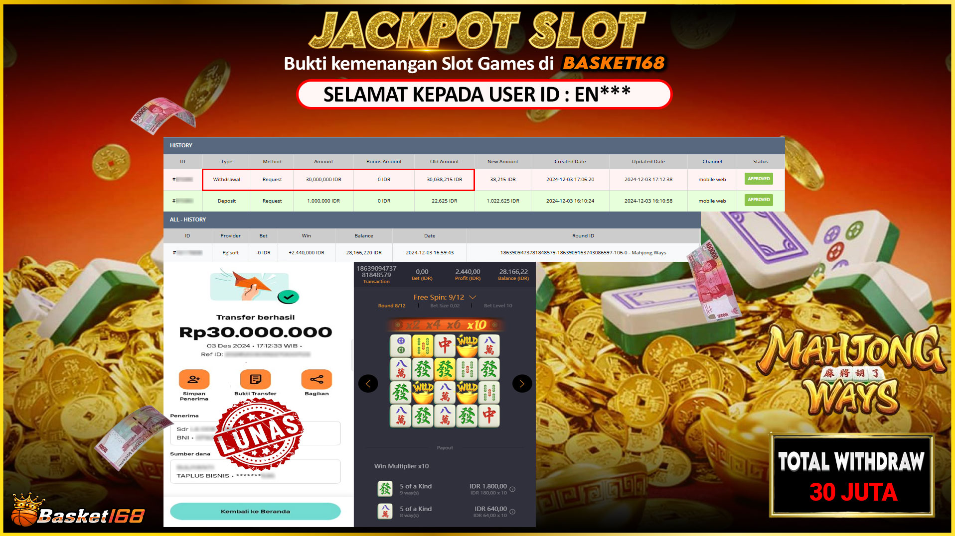 BASKET168 JACKPOT SLOT MAHJONG WAYS Rp.30.000.000,- LUNAS