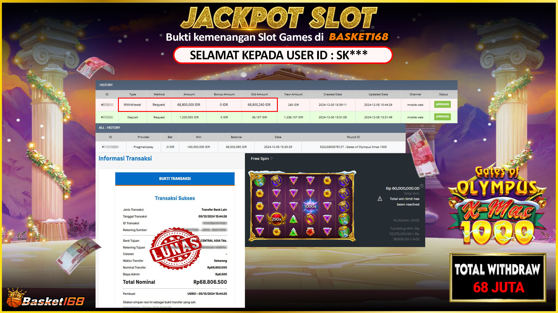 BASKET168 JACKPOT SLOT GATES OF OLYMPUS 1000 CHRISTMAS Rp.68.800.000,- LUNAS