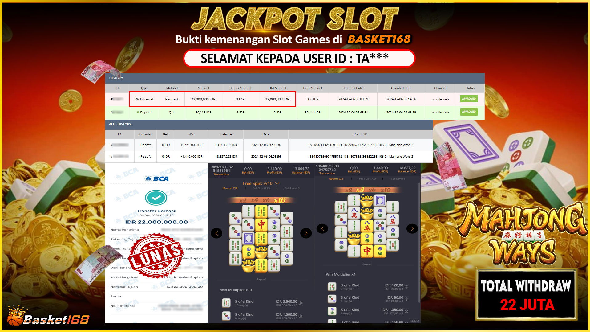 BASKET168 JACKPOT SLOT MAHJONG WAYS 2 Rp.22.000.000,- LUNAS