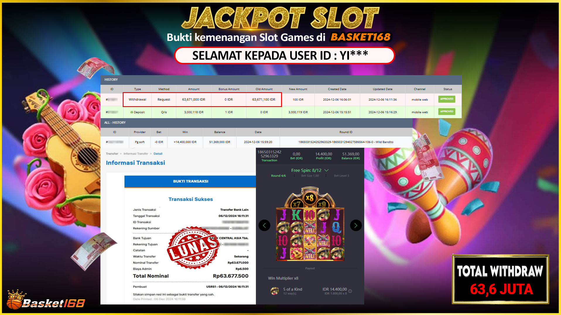 BASKET168 JACKPOT SLOT WILD BANDITO Rp.63.671.000,- LUNAS