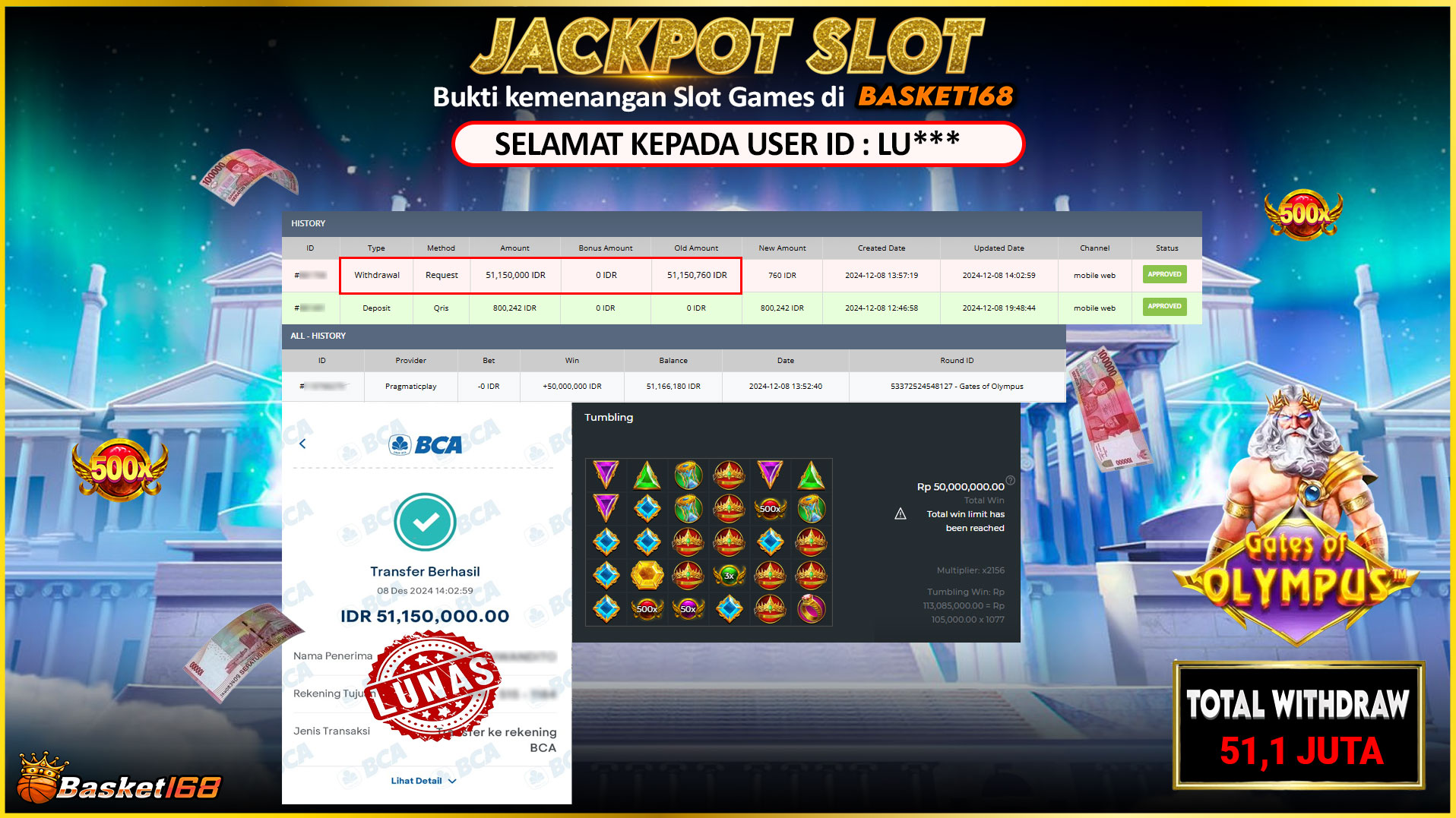 BASKET168 JACKPOT SLOT GATES OF OLYMPUS Rp.51.150.000,- LUNAS