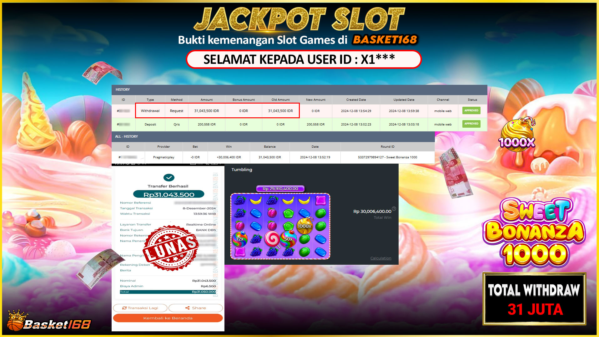BASKET168 JACKPOT SLOT SWEET BONANZA 1000 Rp.31.043.500,- LUNAS