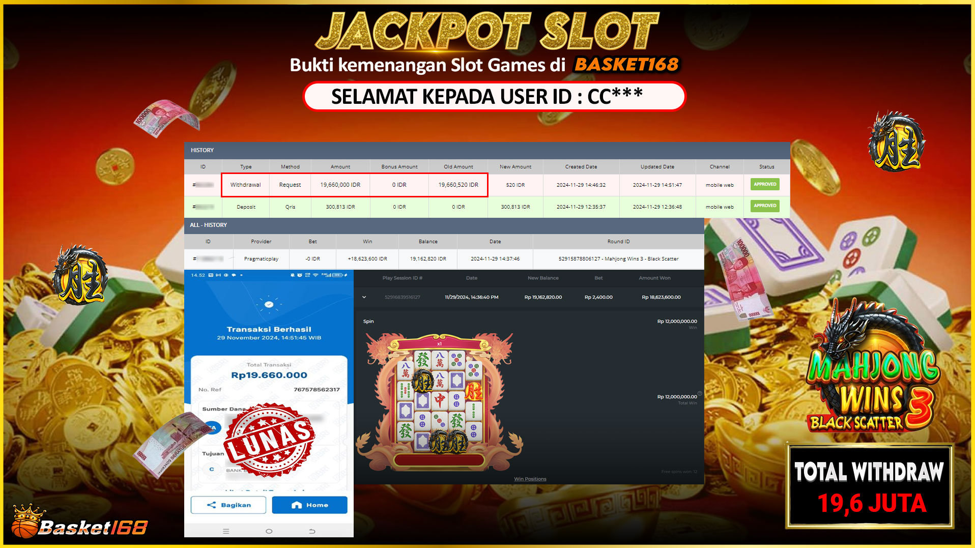 BASKET168 JACKPOT SLOT MAHJONG WINS 3 BLACK SCATTER Rp.19.660.000,- LUNAS