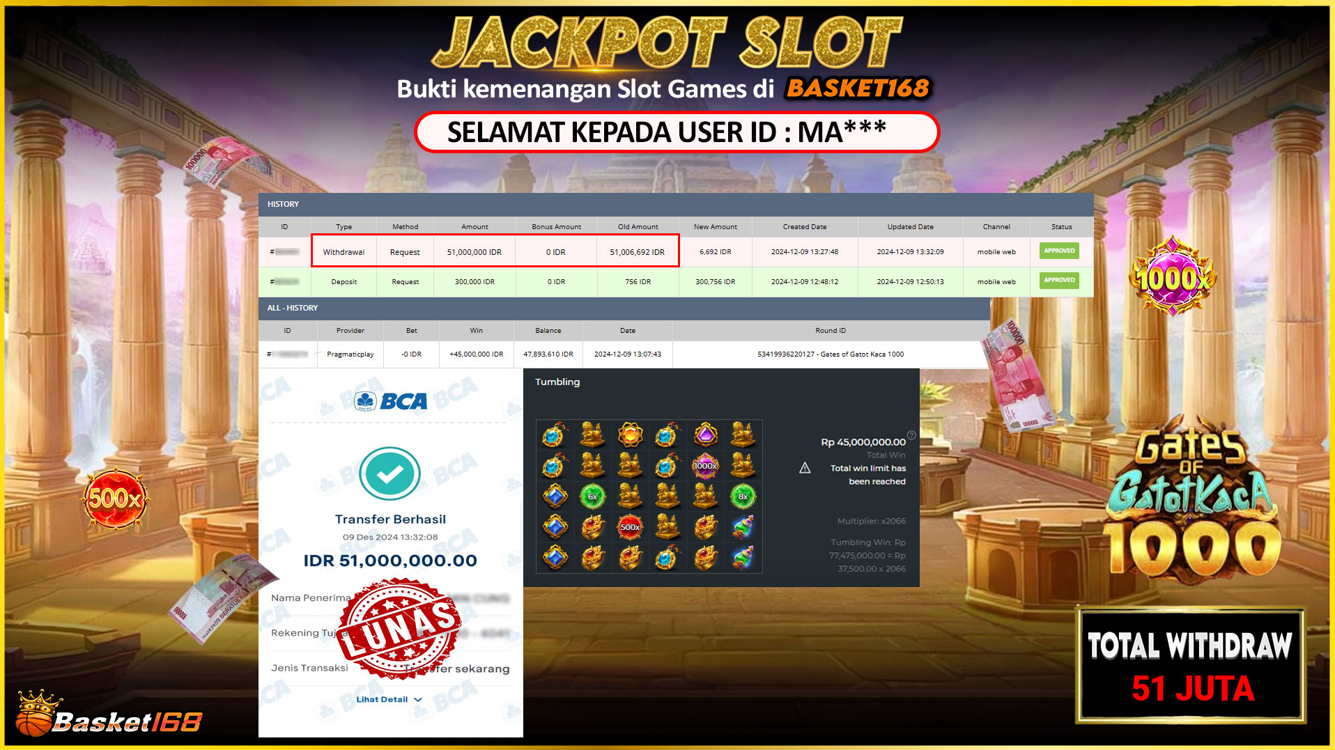 BASKET168 JACKPOT SLOT GATES OF GATOT KACA 1000 Rp.51.000.000,- LUNAS