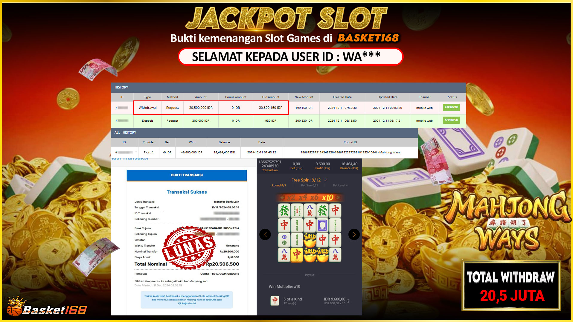 BASKET168 JACKPOT SLOT MAHJONG WAYS Rp.20.500.000,- LUNAS