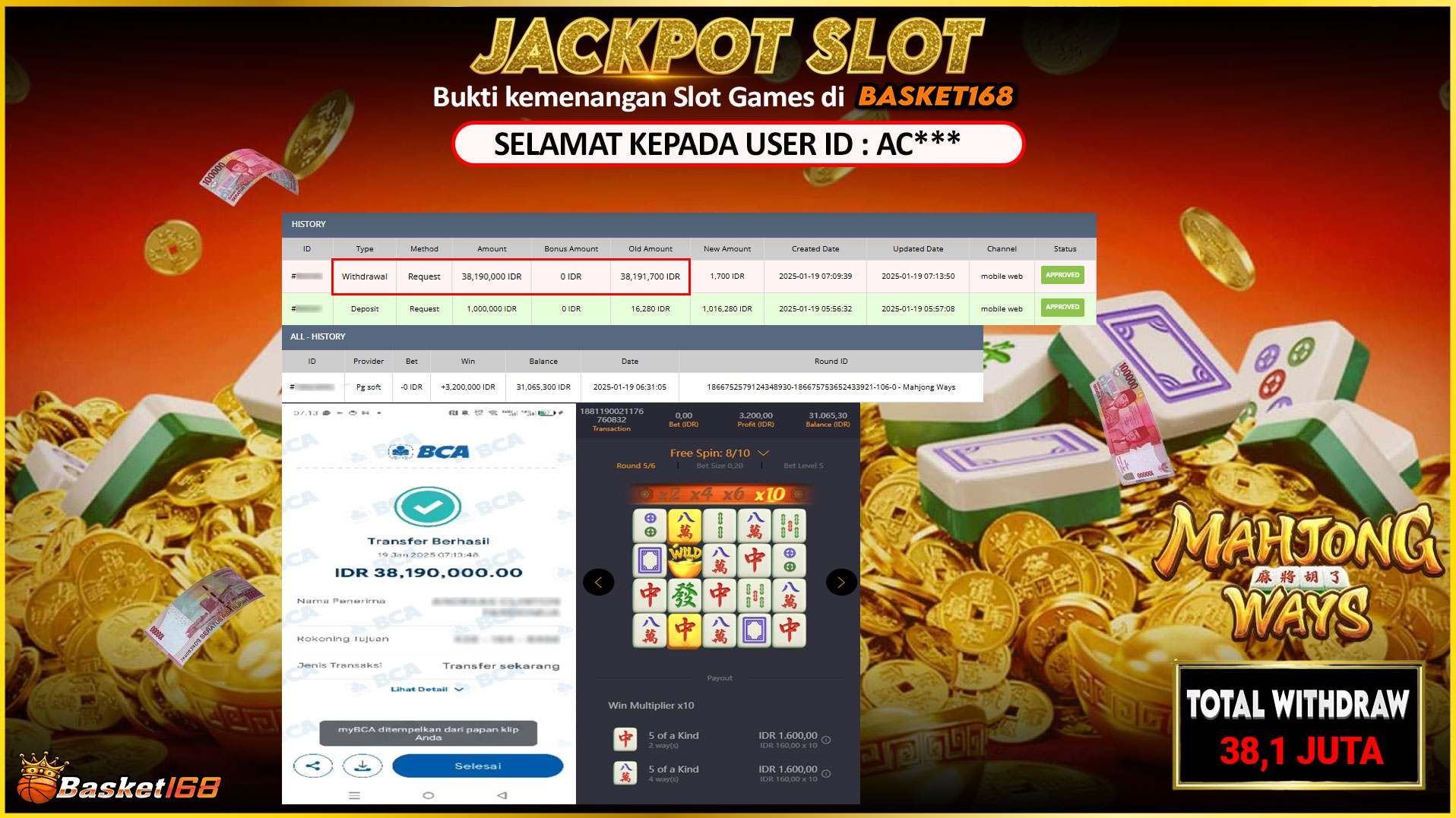 BASKET168 JACKPOT SLOT MAHJONG WAYS Rp.38.190.000,- LUNAS