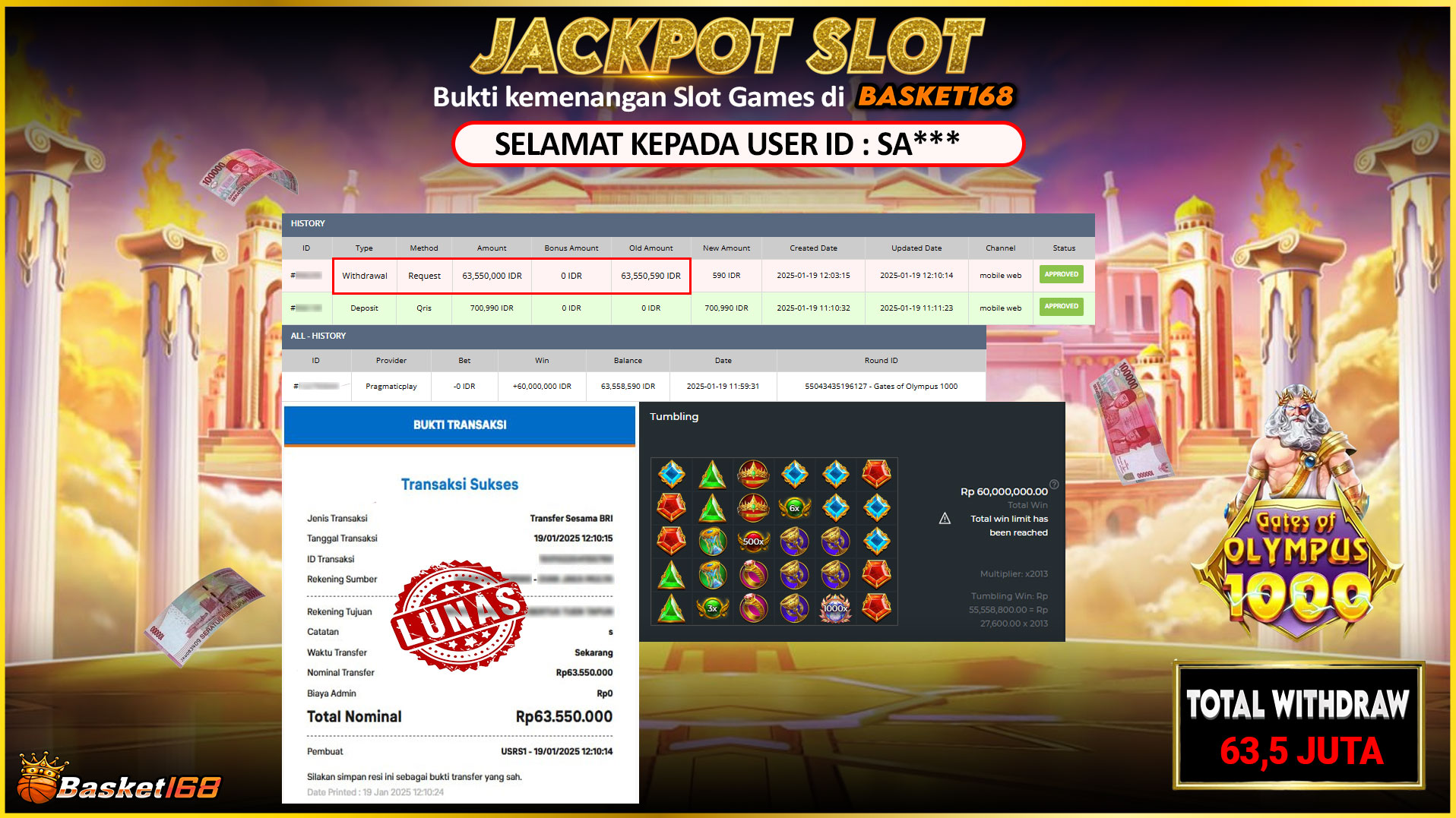 BASKET168 JACKPOT SLOT GATES OF OLYMPUS 1000 Rp.63.550.000,- LUNAS