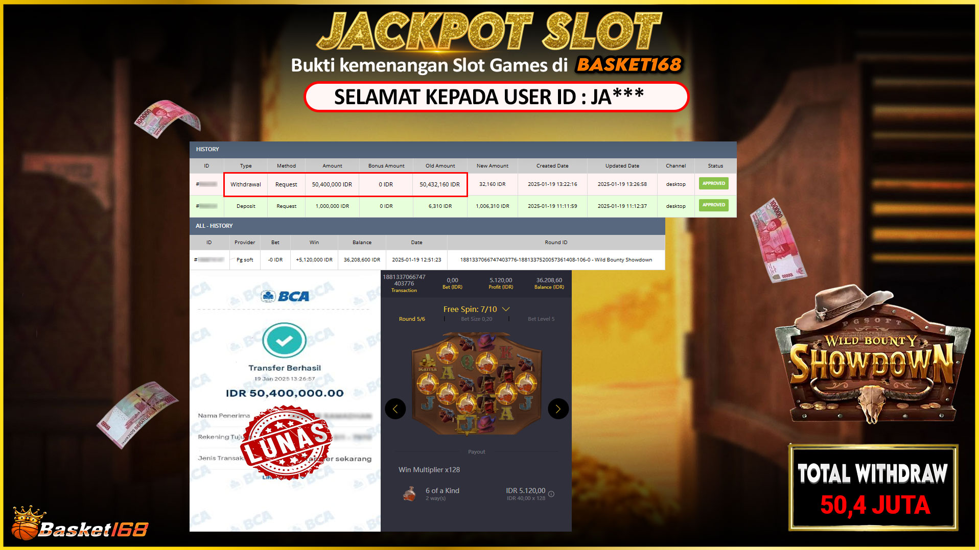 BASKET168 JACKPOT SLOT WILD BOUNTY SHOWDOWN Rp.50.400.000,- LUNAS