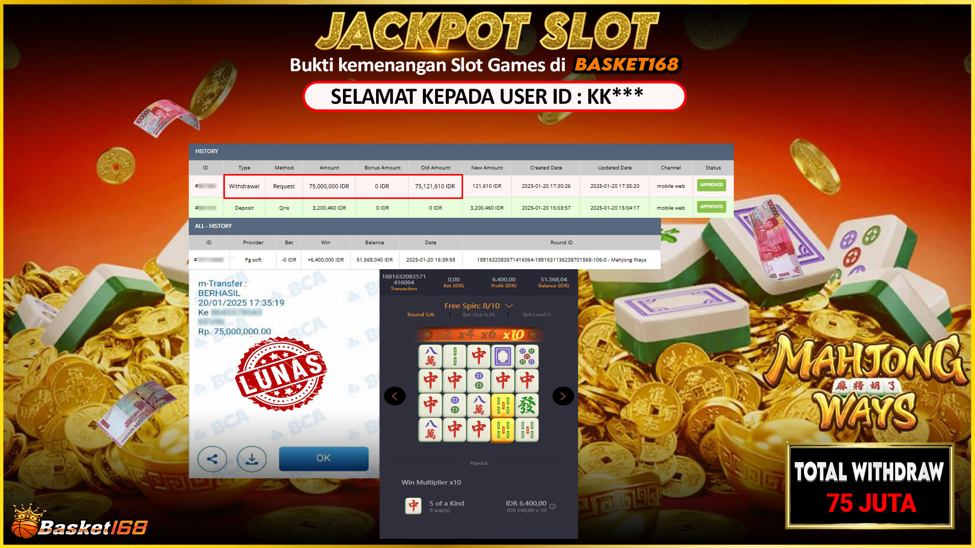 BASKET168 JACKPOT SLOT MAHJONG WAYS Rp.75.000.000,- LUNAS