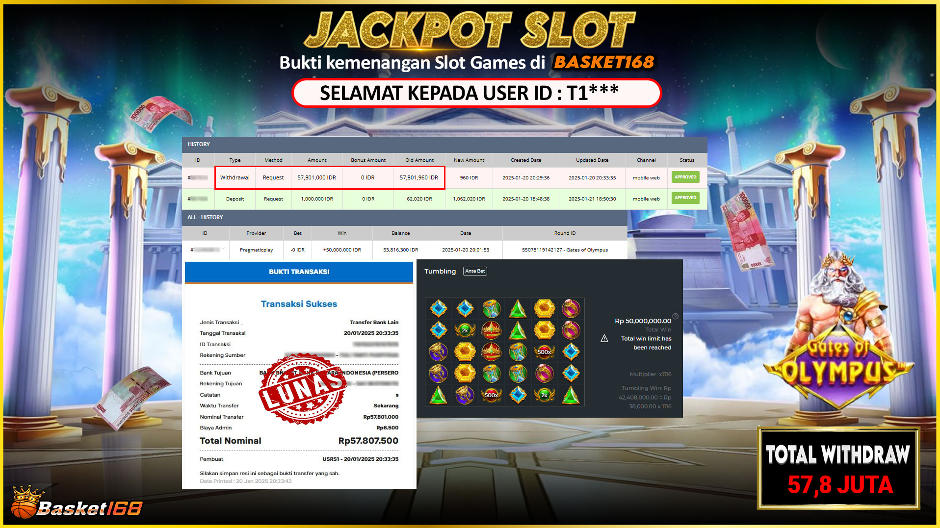 BASKET168 JACKPOT SLOT GATES OF OLYMPUS Rp.57.801.000,- LUNAS