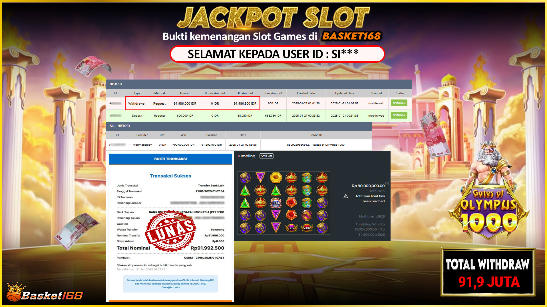 BASKET168 JACKPOT SLOT GATES OF OLYMPUS 1000 Rp.91.986.000,- LUNAS