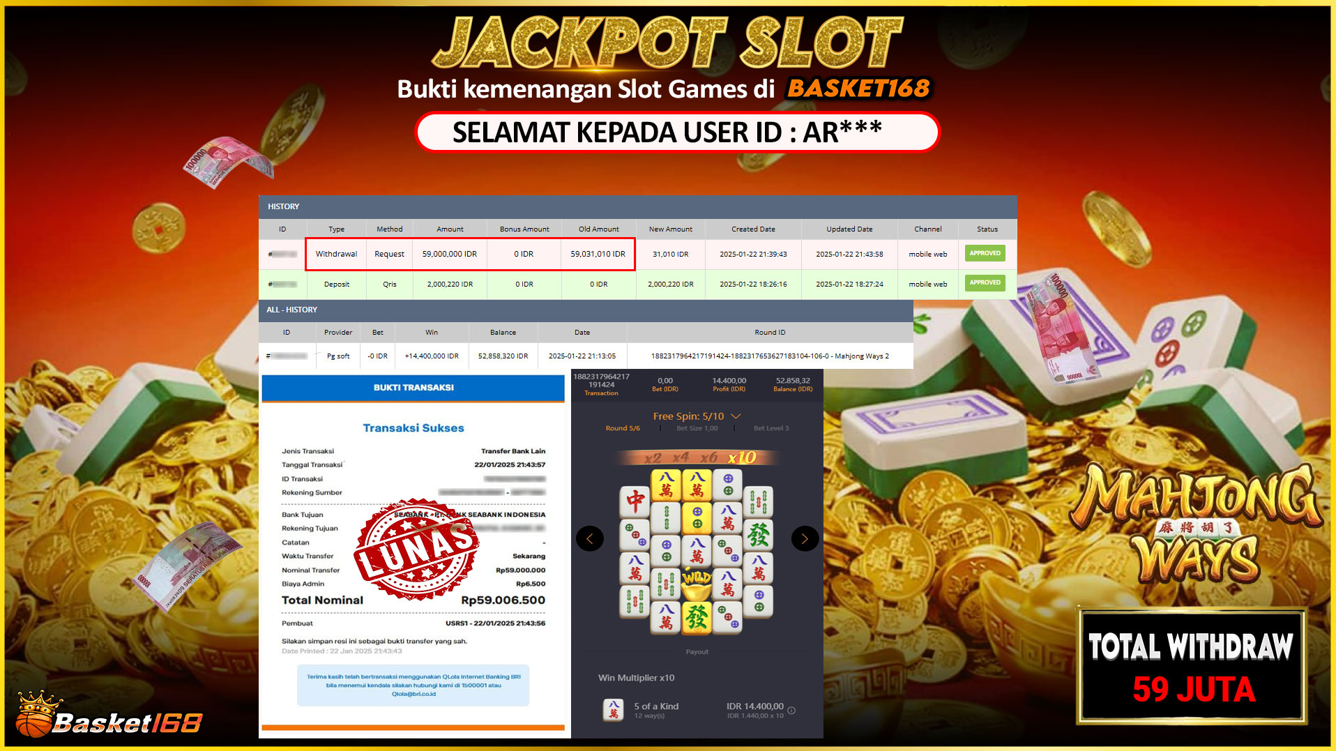 BASKET168 JACKPOT SLOT MAHJONG WAYS Rp.59.000.000,- LUNAS