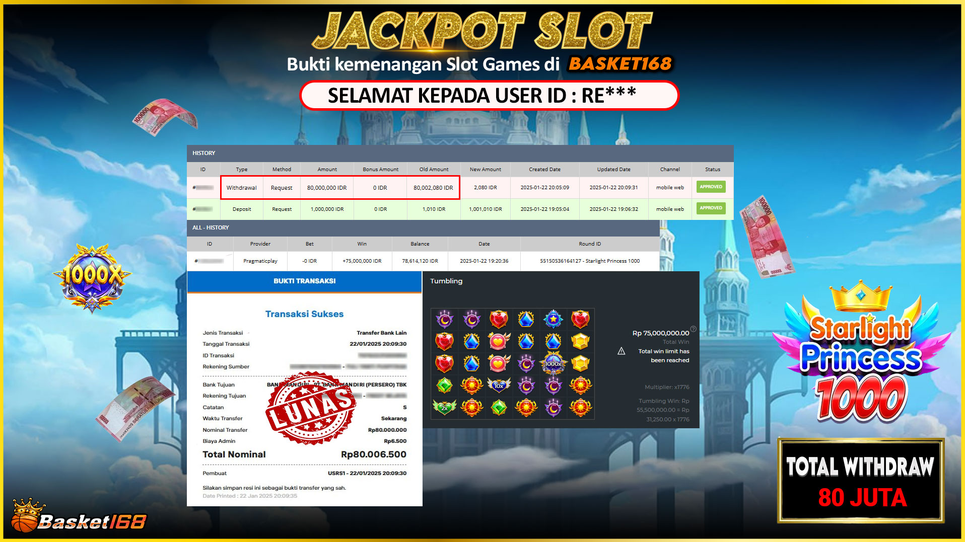 BASKET168 JACKPOT SLOT STARLIGHT PRINCESS 1000 Rp.80.000.000,- LUNAS