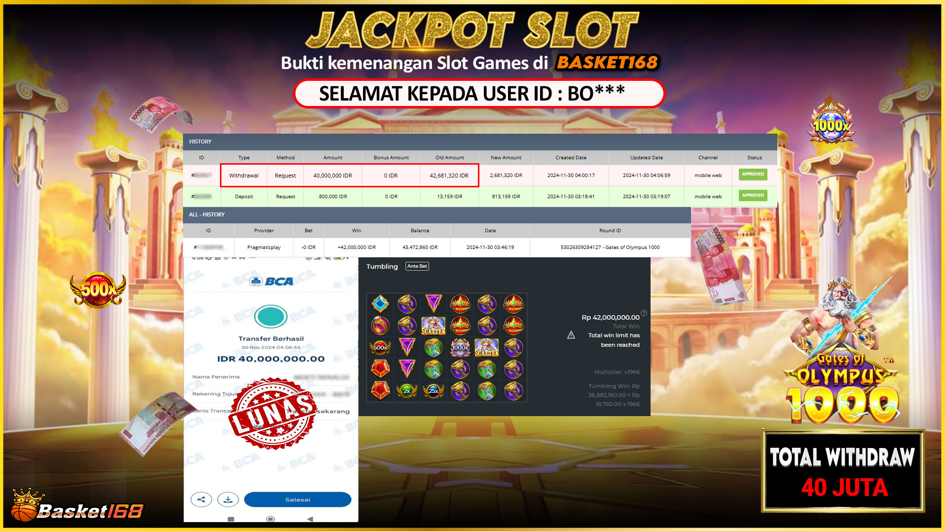 BASKET168 JACKPOT SLOT GATES OF OLYMPUS 1000 Rp.40.000.000,- LUNAS