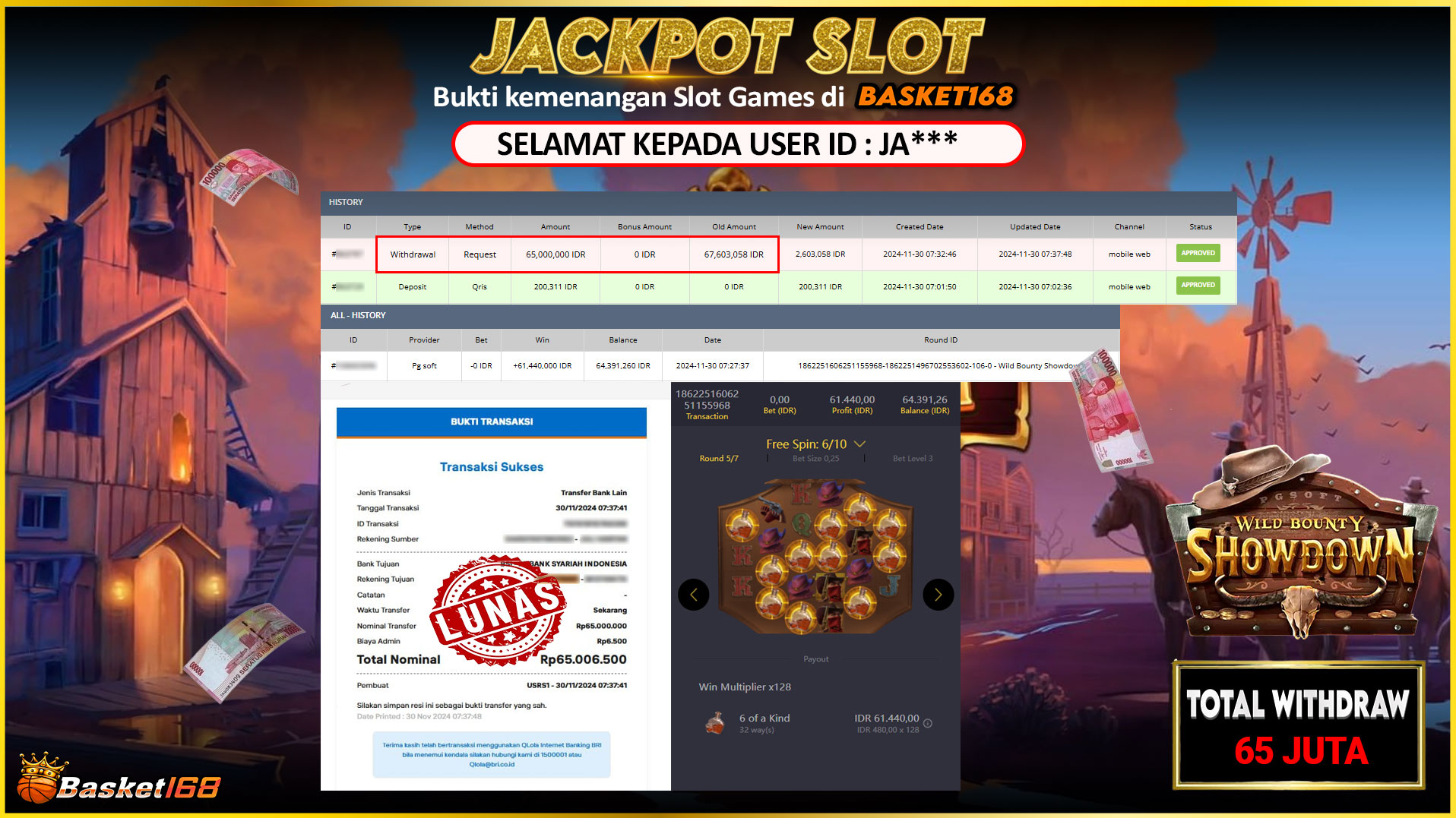 BASKET168 JACKPOT SLOT WILD BOUNTY SHOWDOWN Rp.65.000.000,- LUNAS