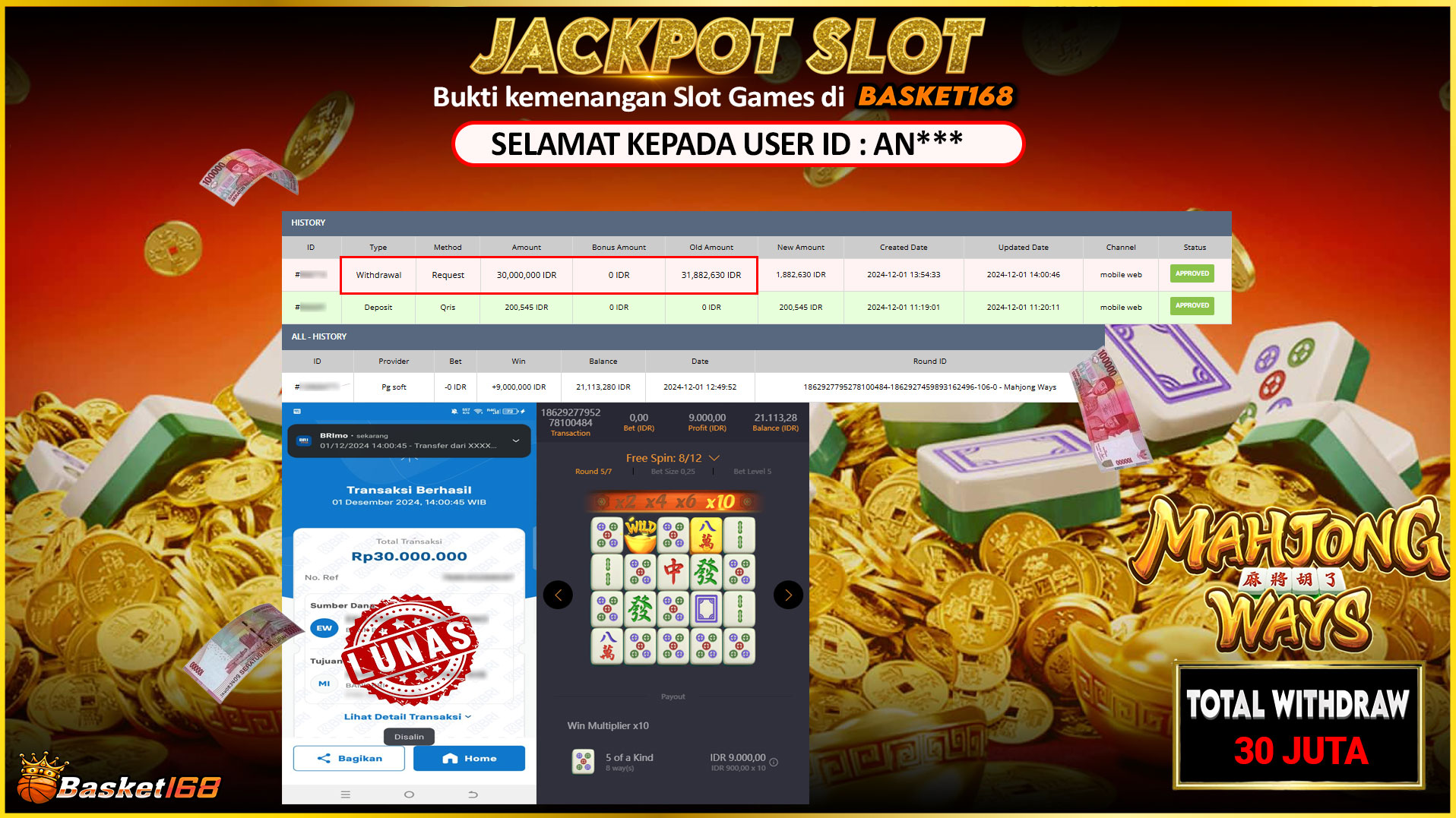 BASKET168 JACKPOT SLOT MAHJONG WAYS Rp.30.000.000,- LUNAS