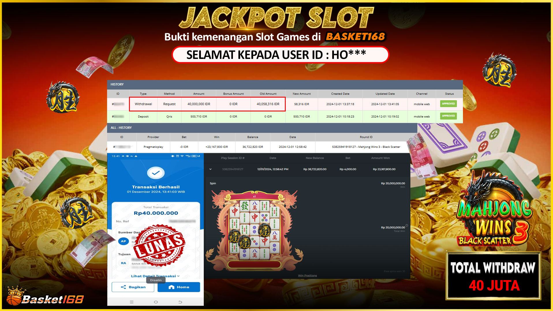 BASKET168 JACKPOT SLOT MAHJONG WAYS 3 BLACK SCATTER Rp.40.000.000,- LUNAS