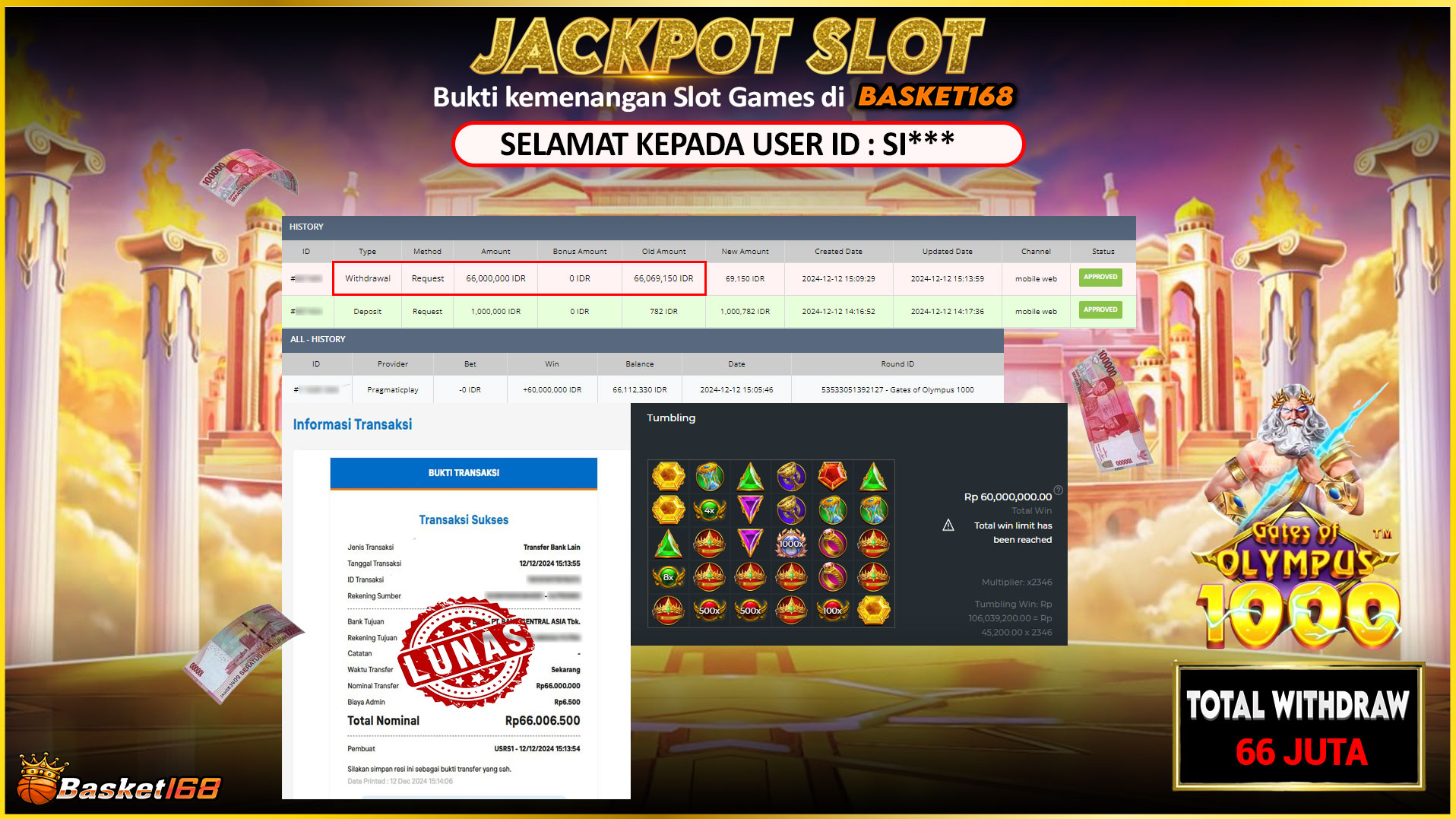 BASKET168 JACKPOT SLOT GATES OF OLYMPUS 1000 Rp.66.000.000,- LUNAS