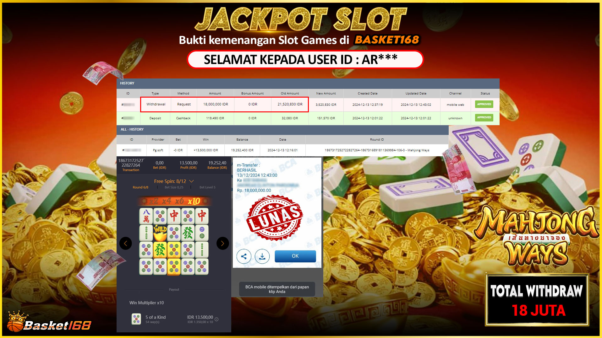 BASKET168 JACKPOT SLOT MAHJONG WAYS Rp.18.000.000,- LUNAS