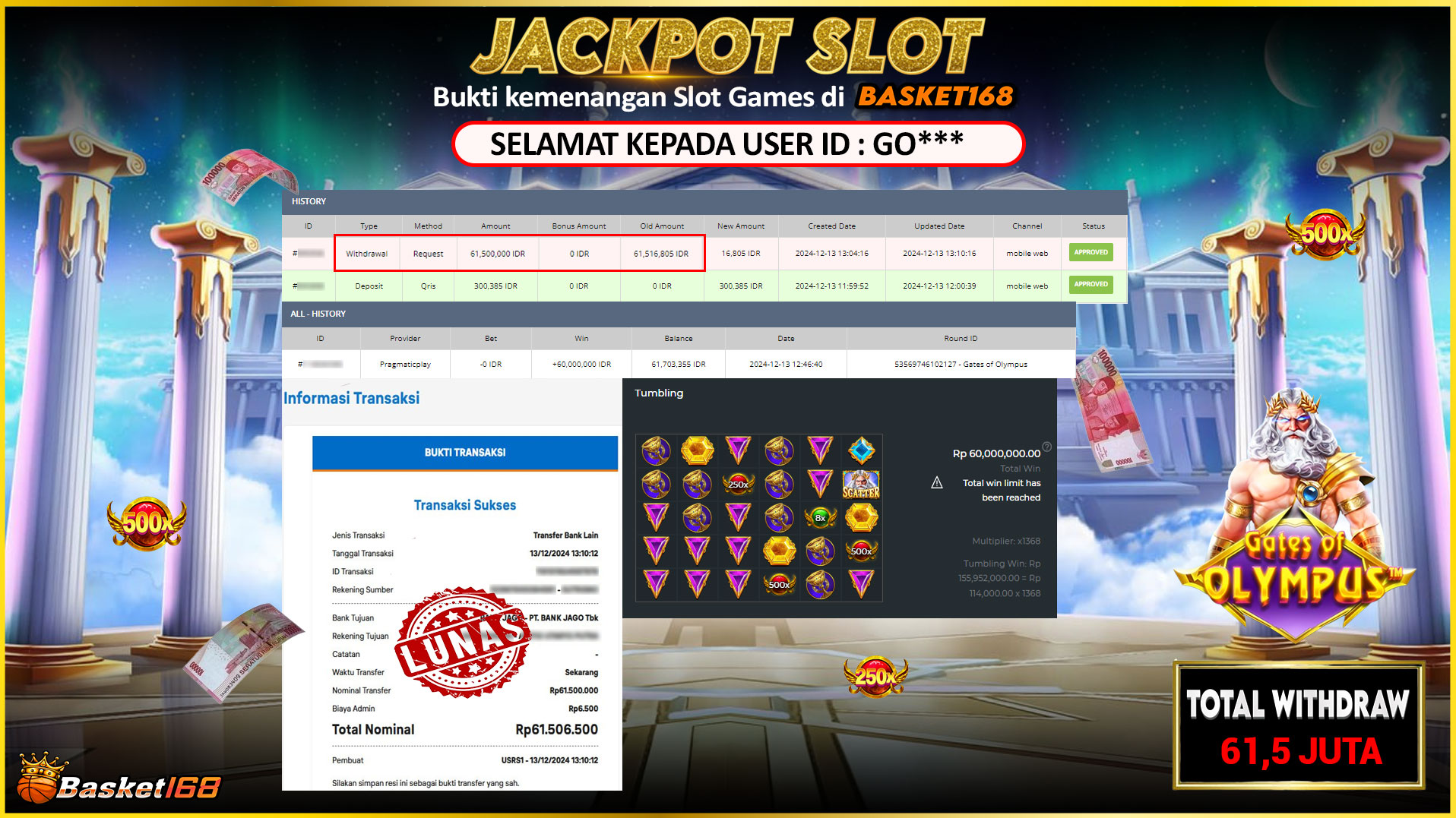 BASKET168 JACKPOT SLOT GATES OF OLYMPUS Rp.61.500.000,- LUNAS
