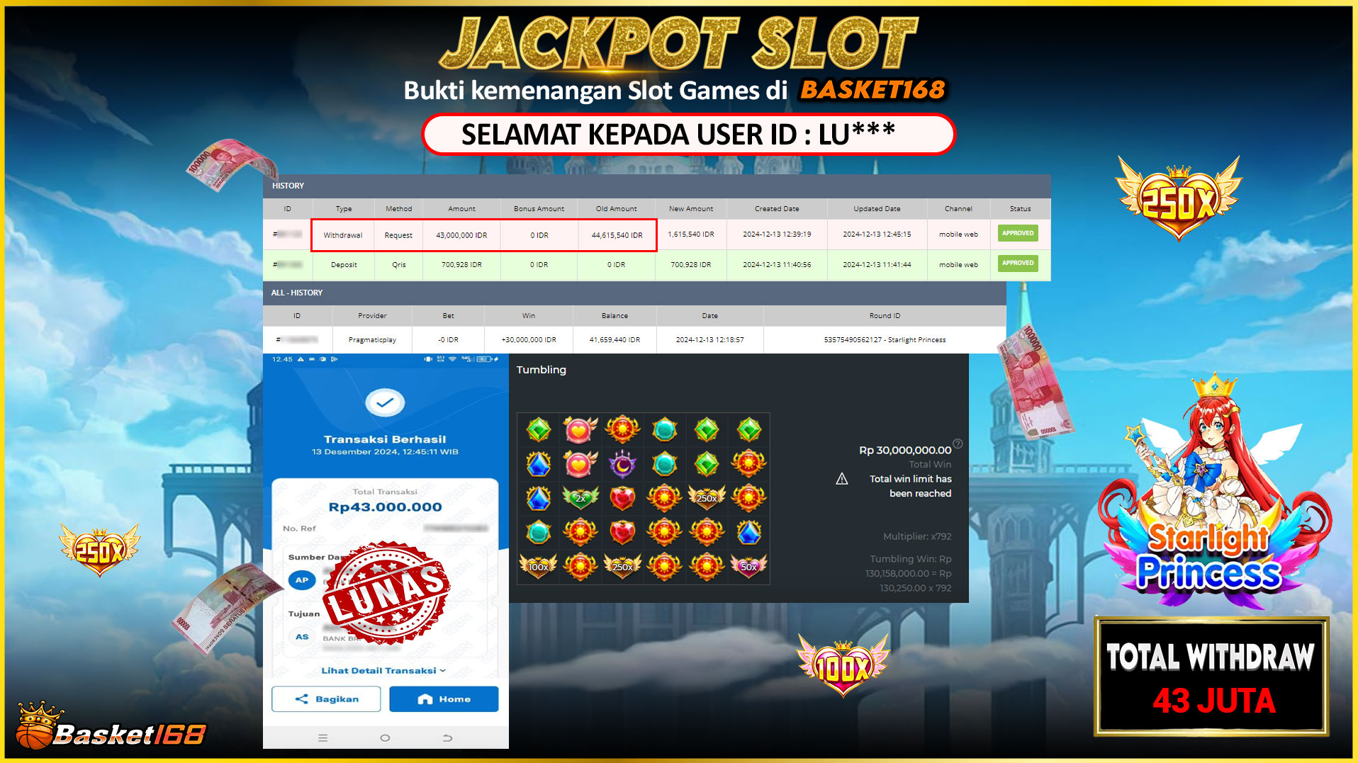 BASKET168 JACKPOT SLOT STARLIGHT PRINCESS Rp.43.000.000,- LUNAS