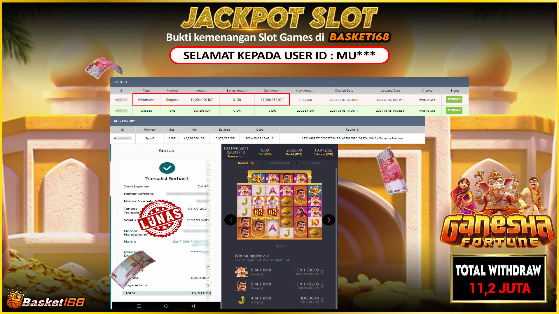 BASKET168 JACKPOT SLOT GANESHA FORTUNE Rp.11.200.000.,- LUNAS