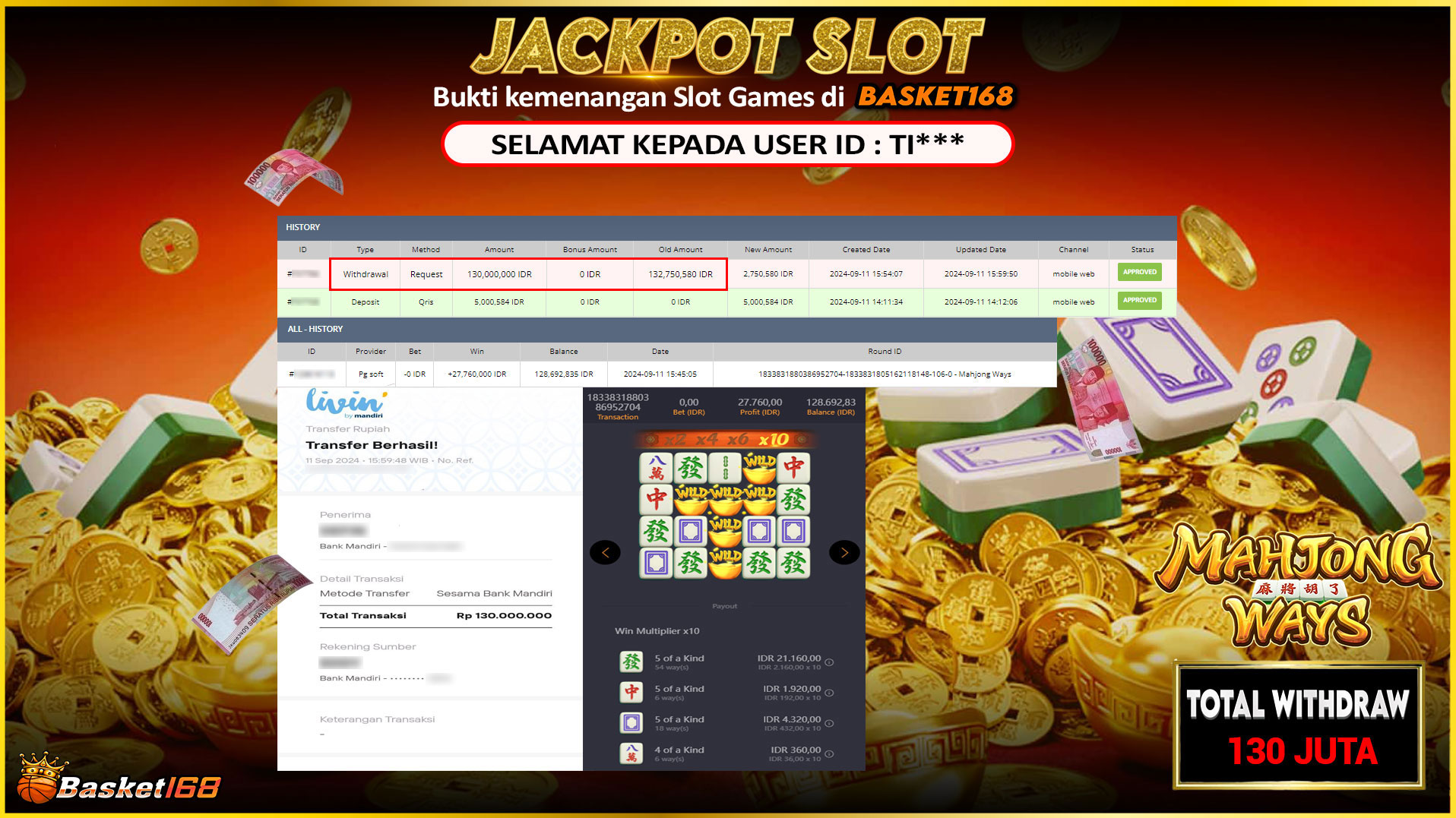 BASKET168 JACKPOT SLOT MAHJONG WAYS Rp.130.000.000.,- LUNAS