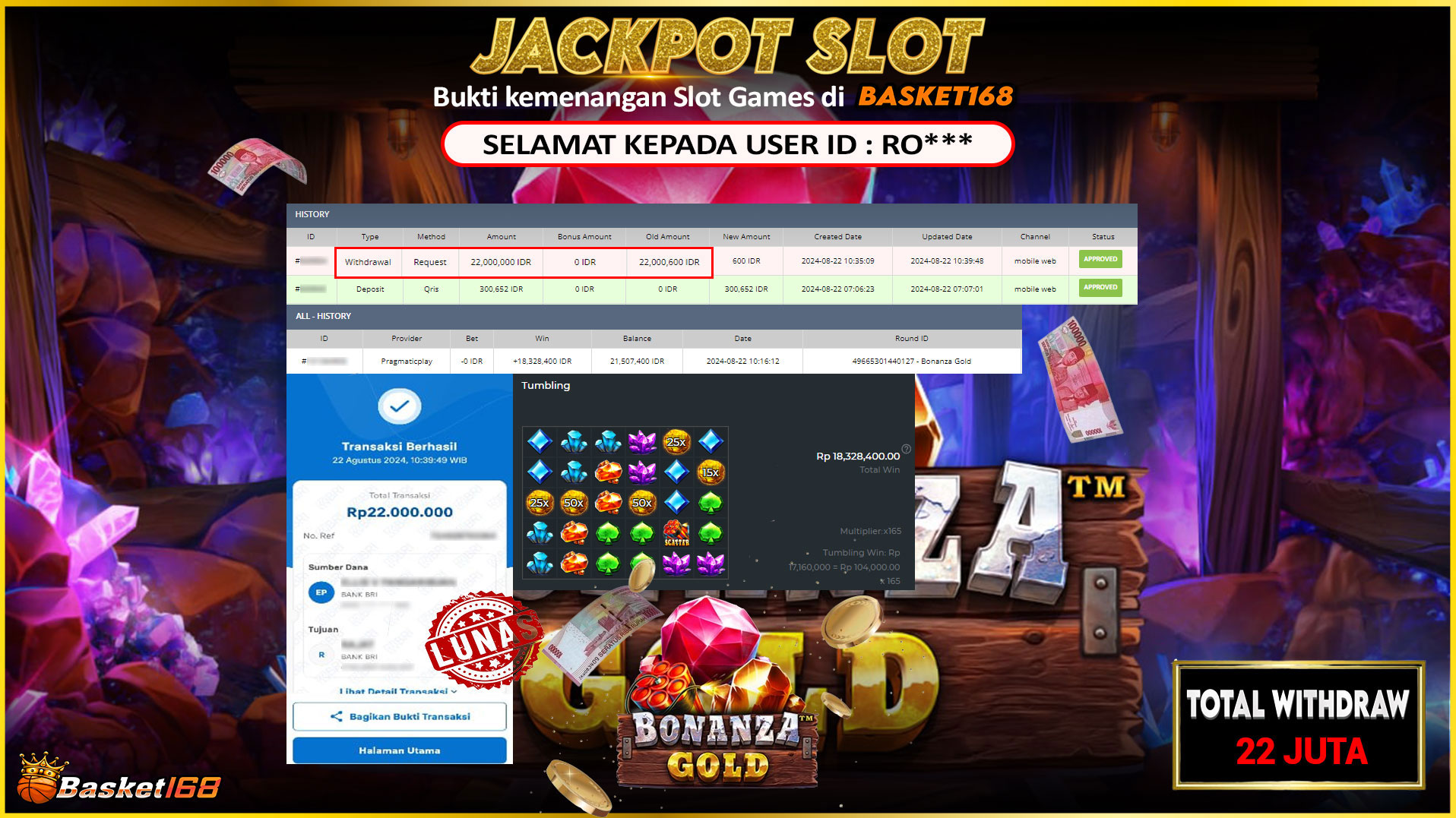 BASKET168 JACKPOT SLOT BONANZA GOLD Rp.22.000.000.,- LUNAS