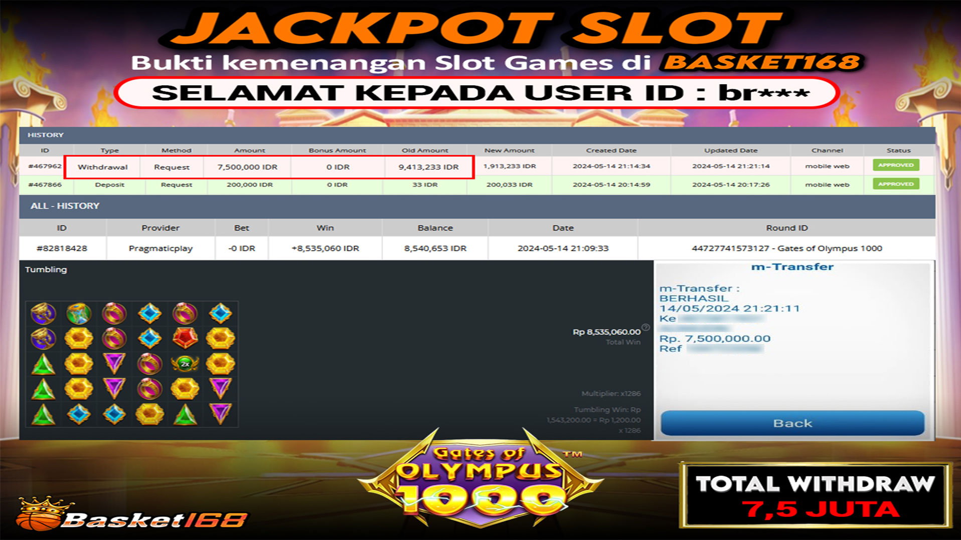 BASKET168 JACKPOT SLOT GATES OF OLYMPUS 1000 Rp.7.500.000.,- LUNAS