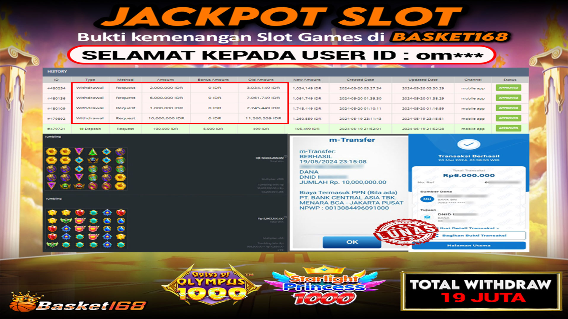 BASKET168 JACKPOT SLOT STARLIGHT PRINCESS 1000 Rp.19.000.000.,- LUNAS