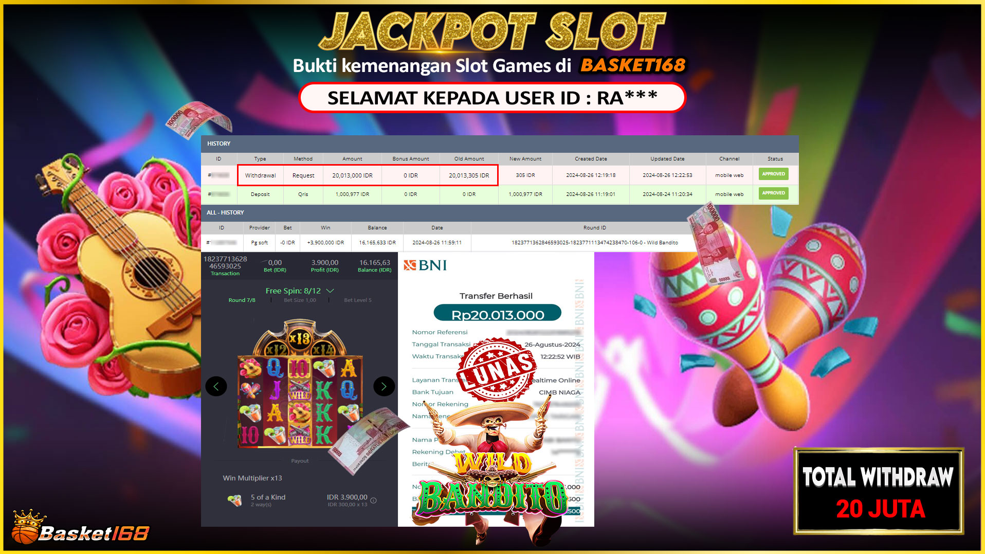 BASKET168 JACKPOT SLOT WILD BANDITO Rp.20.000.000.,- LUNAS