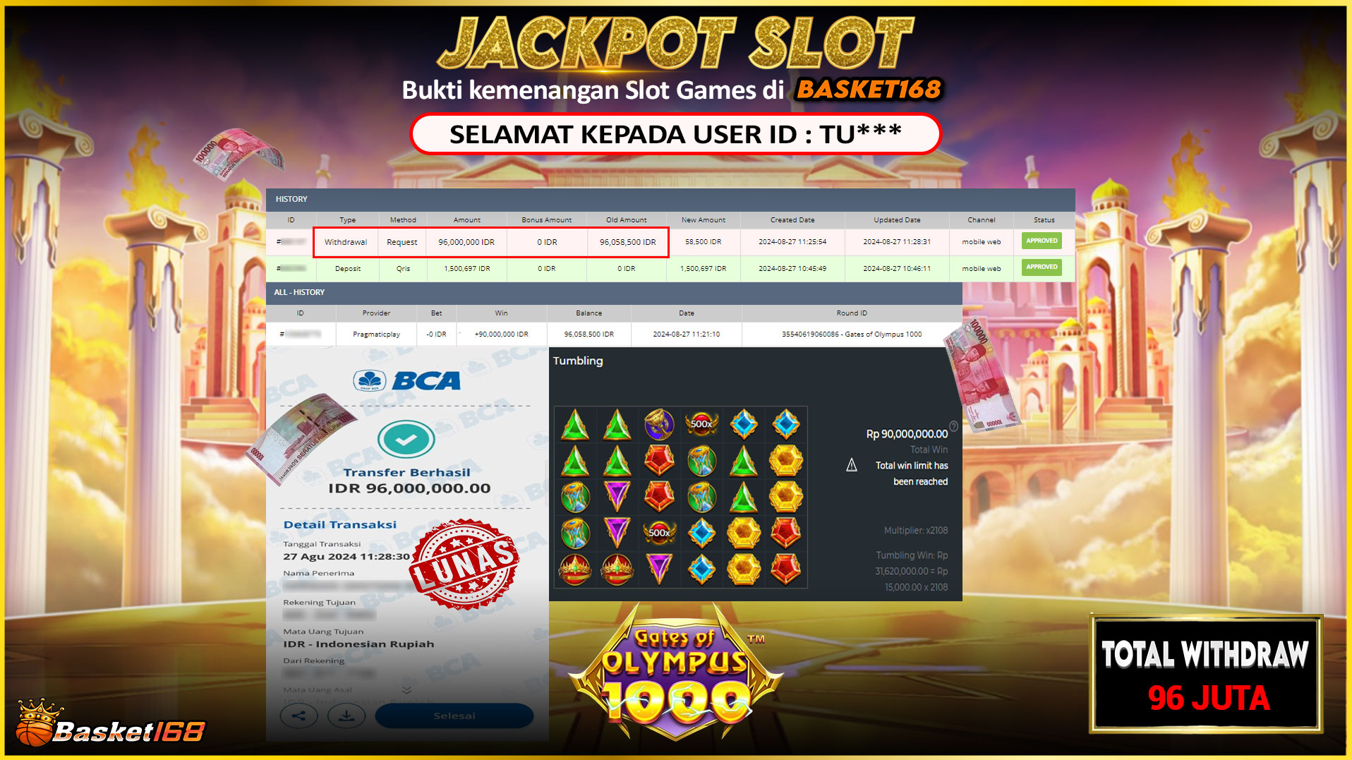BASKET168 JACKPOT SLOT GATES OF OLYMPUS 1000 Rp.96.000.000.,- LUNAS