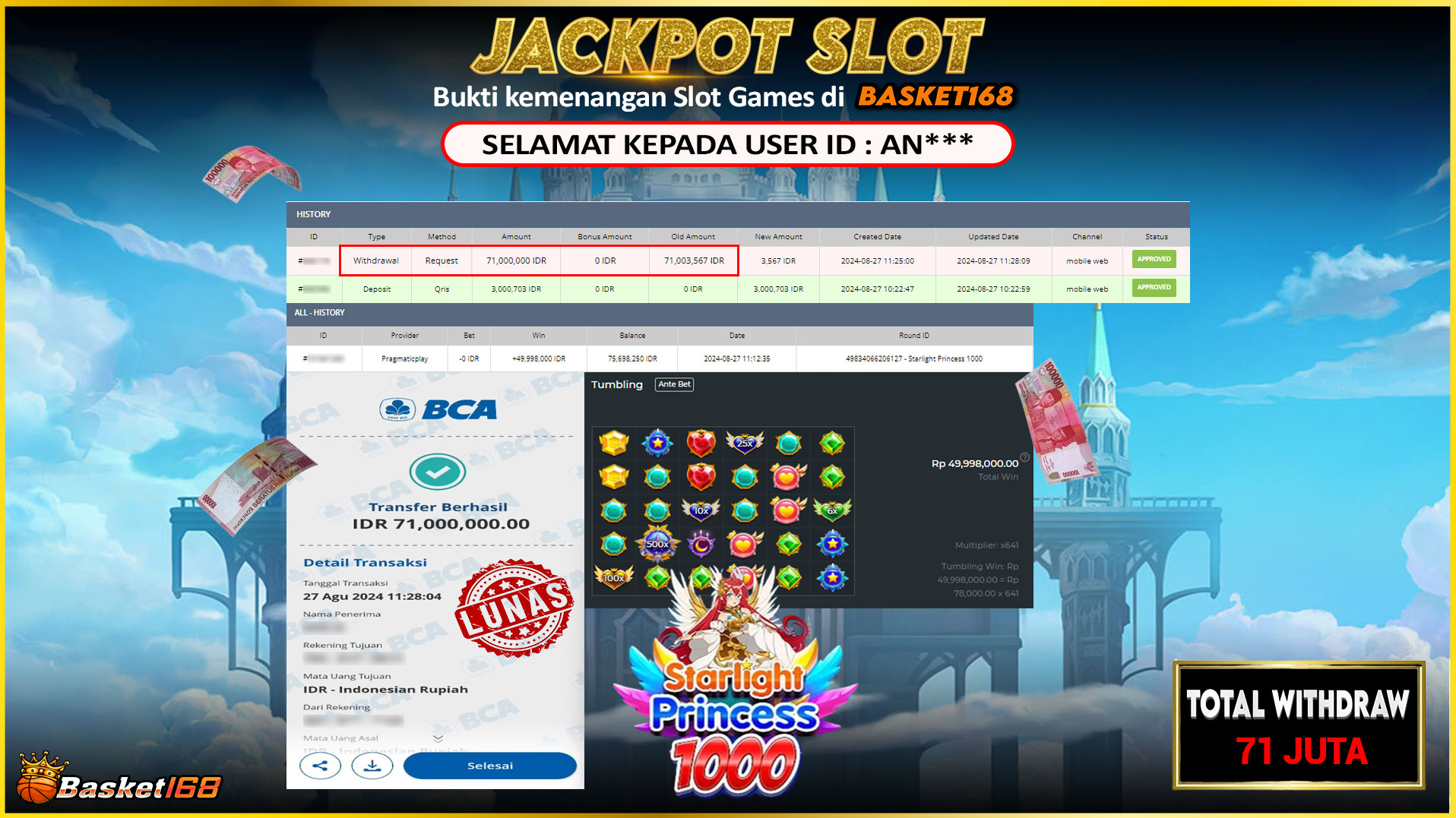BASKET168 JACKPOT SLOT STARLIGHT PRINCESS 1000 Rp.71.000.000.,- LUNAS