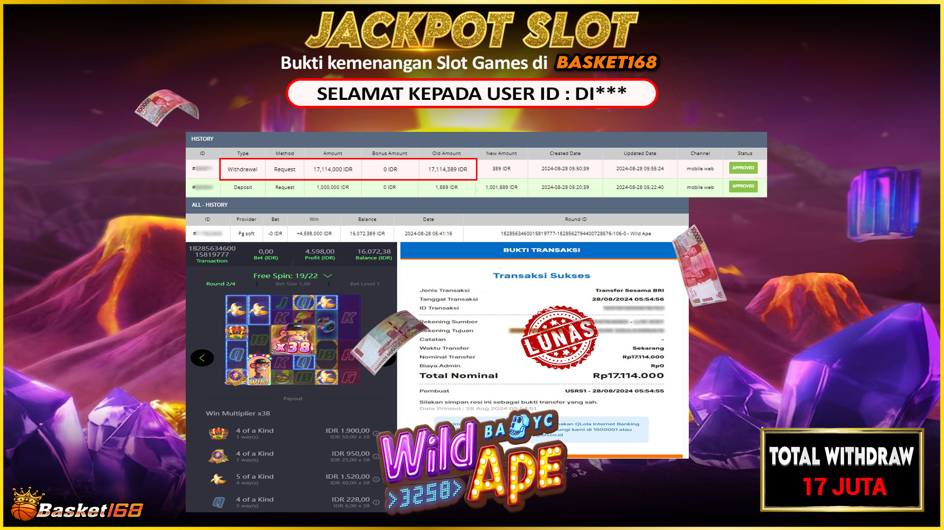 BASKET168 JACKPOT SLOT WILD APE Rp.17.114.000.,- LUNAS