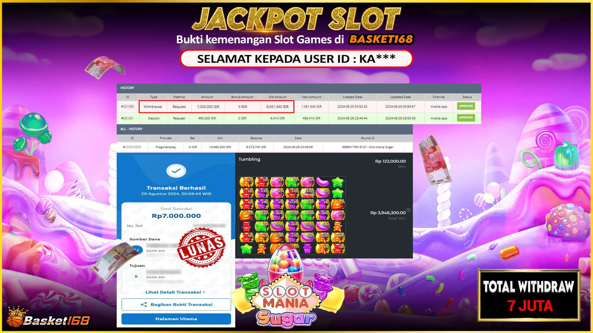 BASKET168 JACKPOT SLOT MANIA SUGAR Rp.7.000.000.,- LUNAS