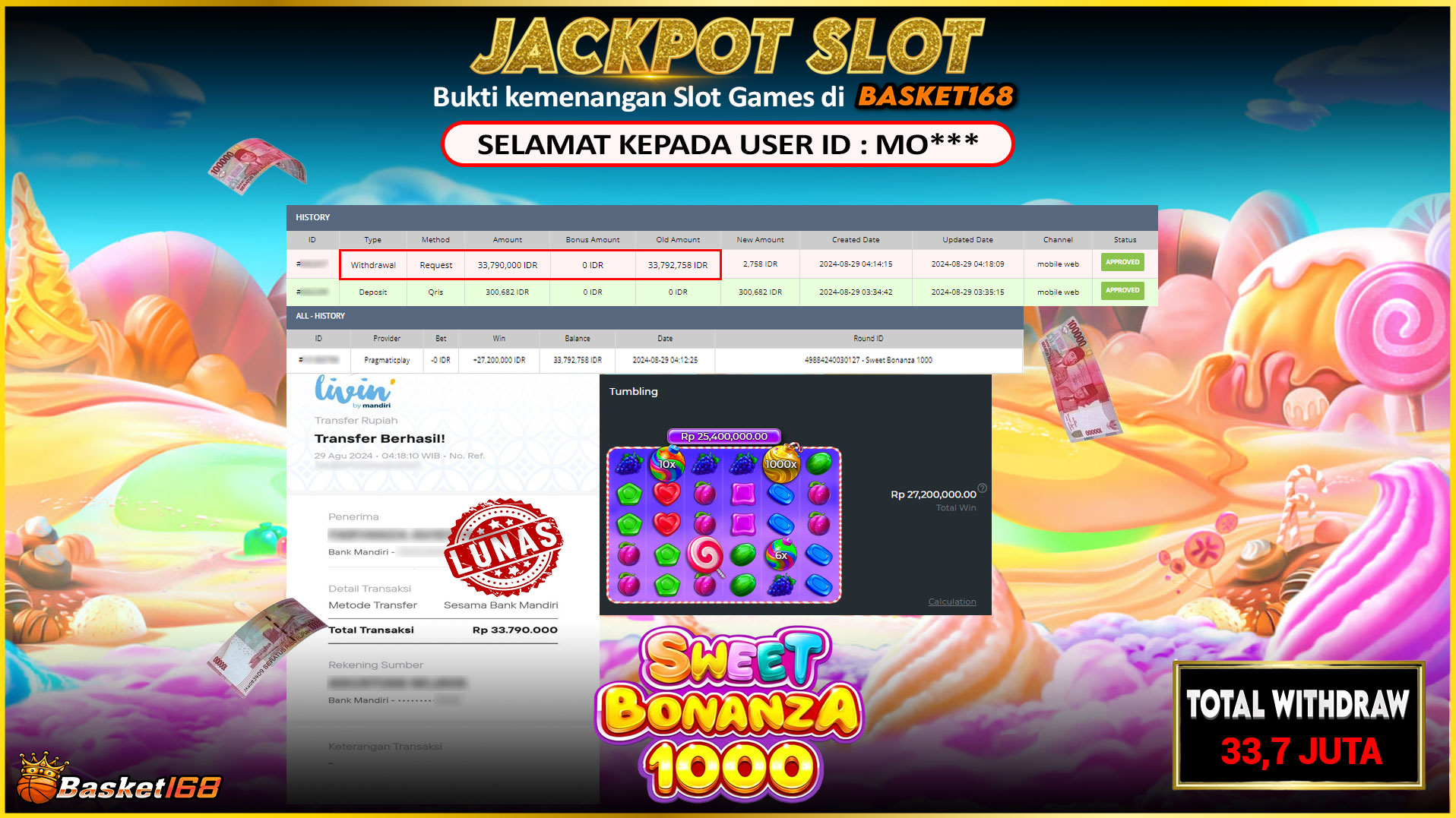 BASKET168 JACKPOT SLOT SWEET BONANZA 1000 Rp.33.790.000.,- LUNAS