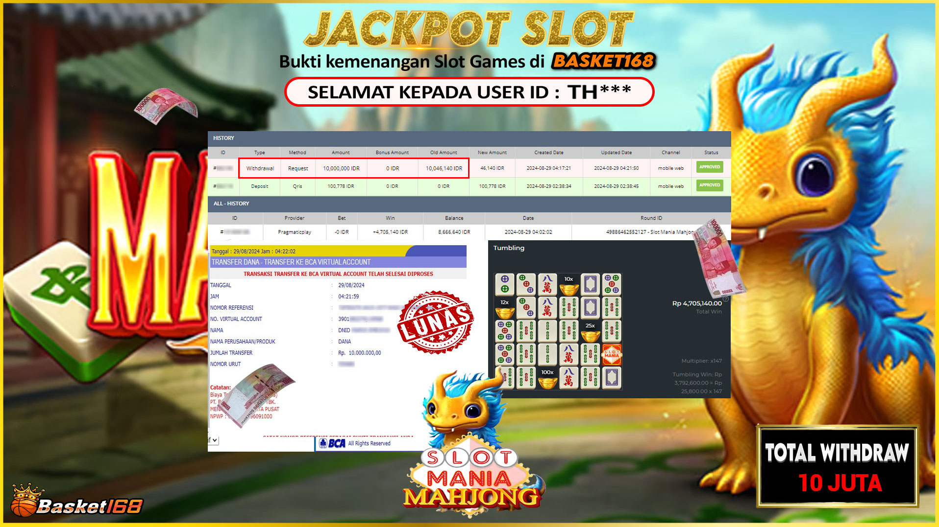 BASKET168 JACKPOT SLOT MANIA MAHJONG Rp.10.000.000.,- LUNAS