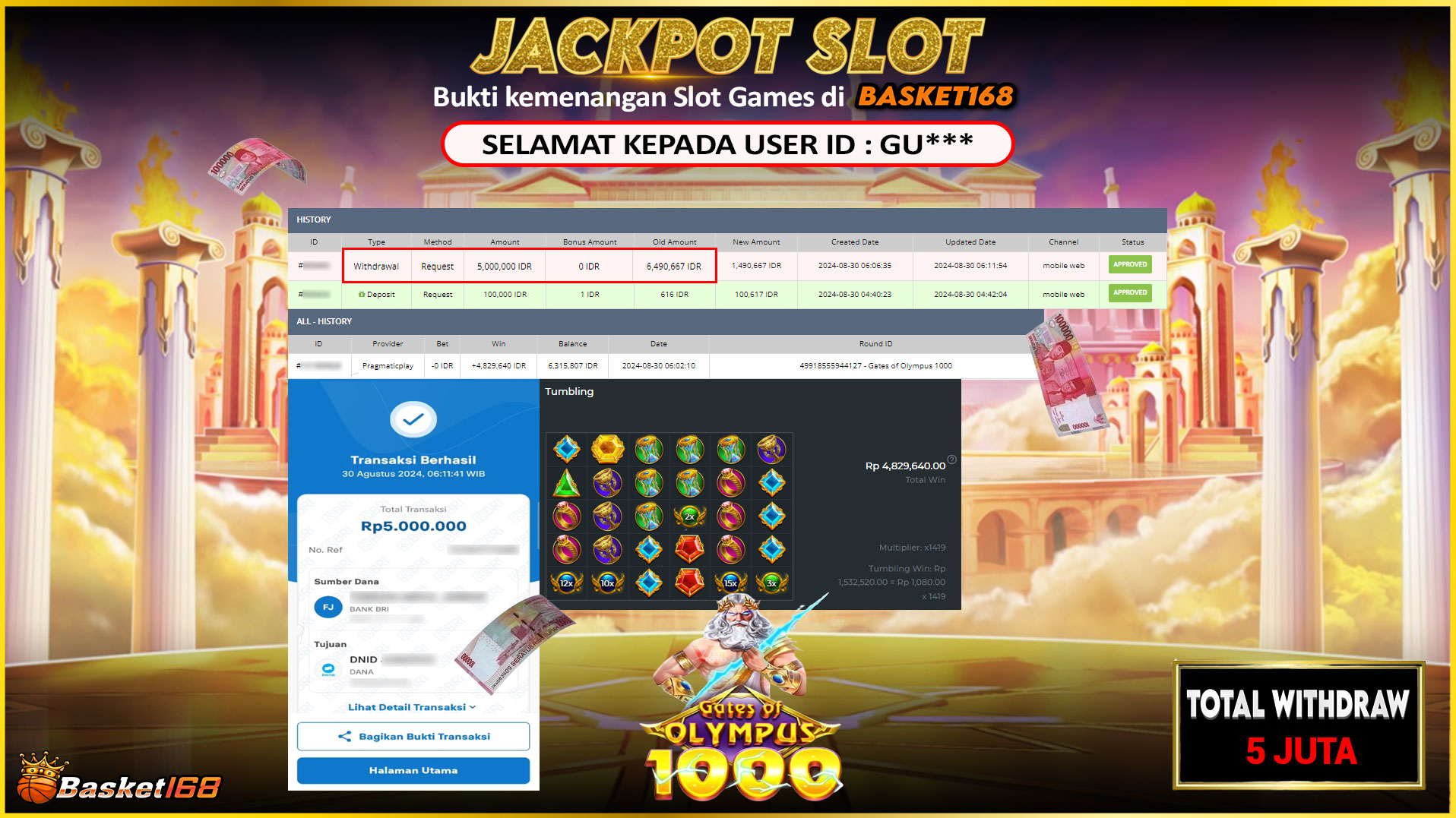 BASKET168 JACKPOT SLOT GATES OF OLYMPUS 1000 Rp.5.000.000.,- LUNAS
