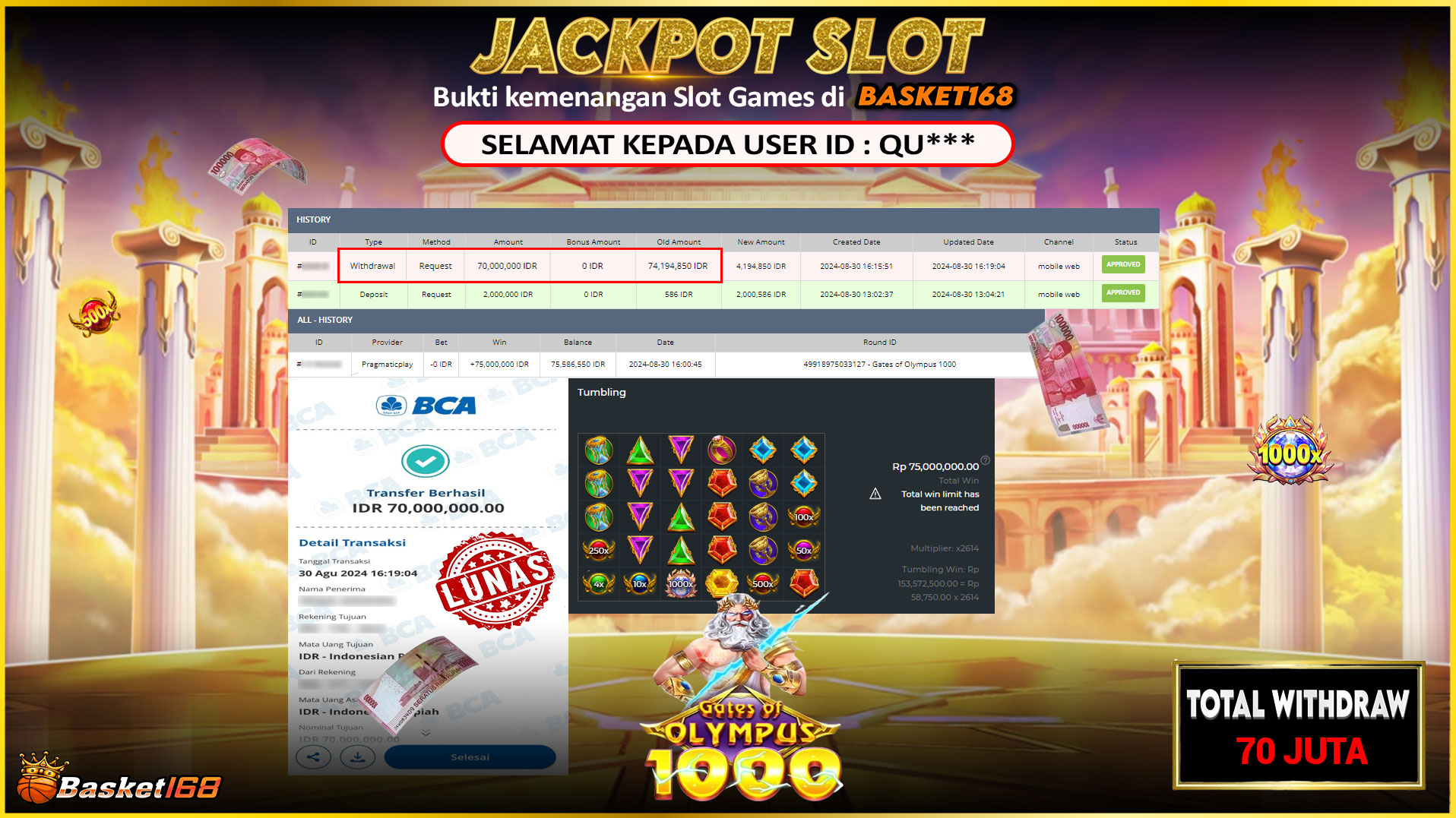 BASKET168 JACKPOT SLOT GATES OF OLYMPUS 1000 Rp.70.000.000.,- LUNAS