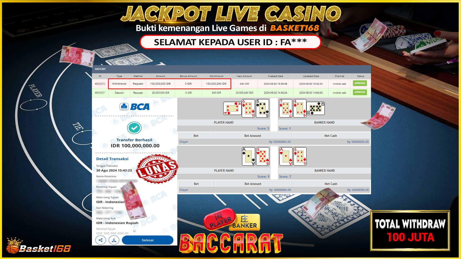 BASKET168 JACKPOT LIVE GAMES BACCARAT Rp.100.000.000.,- LUNAS