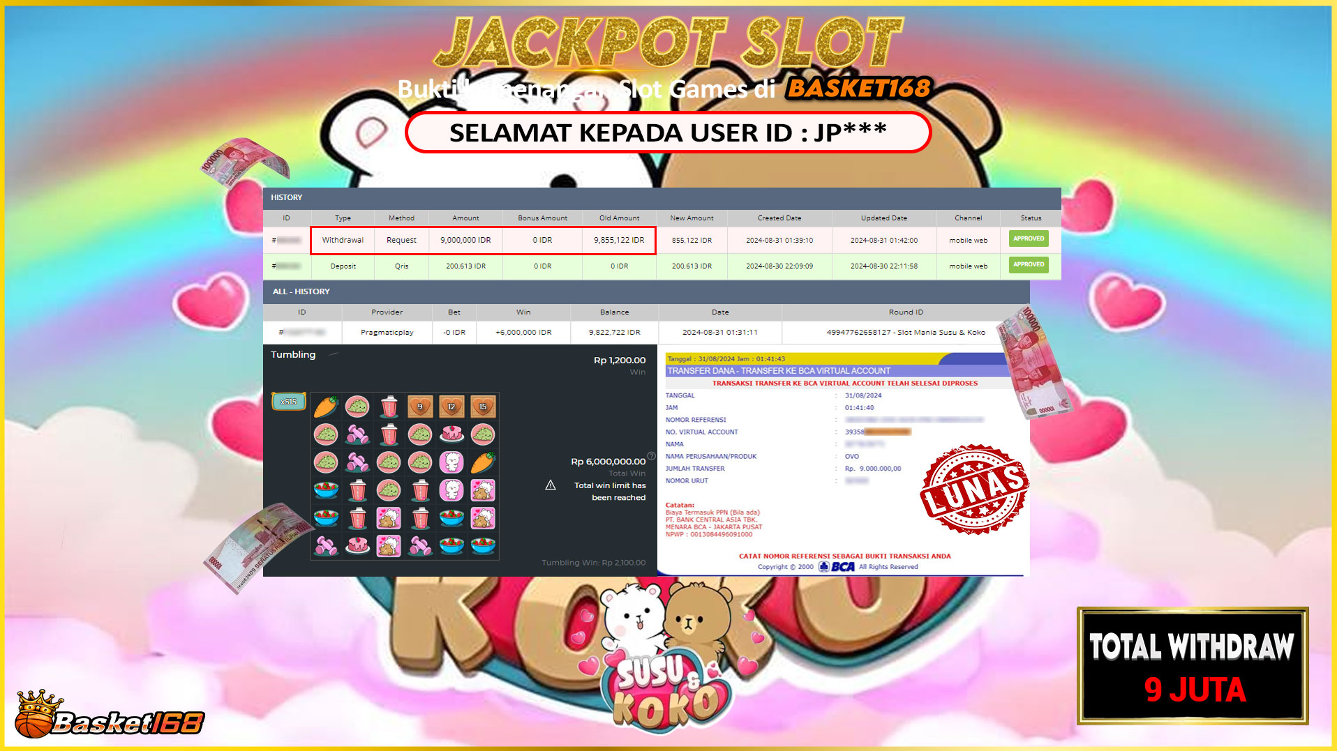 BASKET168 JACKPOT SLOT MANIA SUSU & KOKO Rp.9.000.000.,- LUNAS