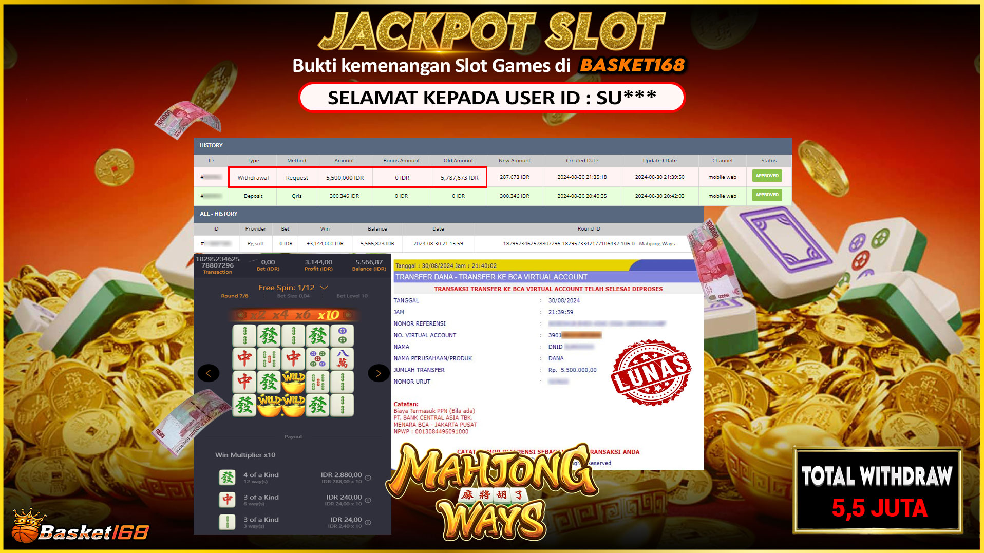 BASKET168 JACKPOT SLOT MAHJONG WAYS Rp.5.500.000.,- LUNAS